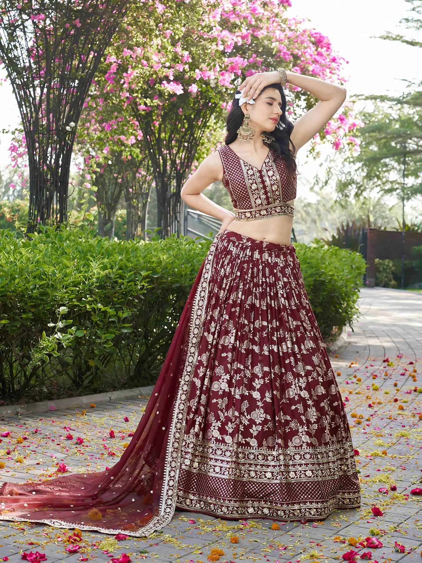 Designer Maroon Jacquard Lehenga With Zari Sequins Embroidery Work - qivii