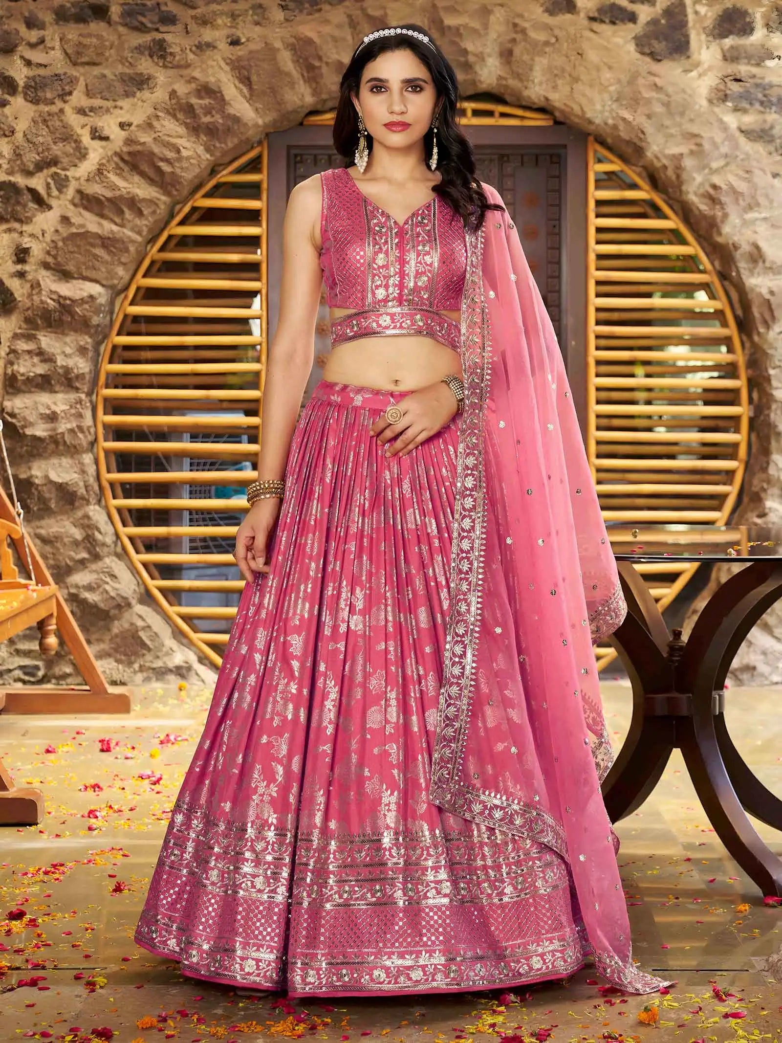 Designer Peach Jacquard Lehenga With Zari Sequins Embroidery Work - qivii