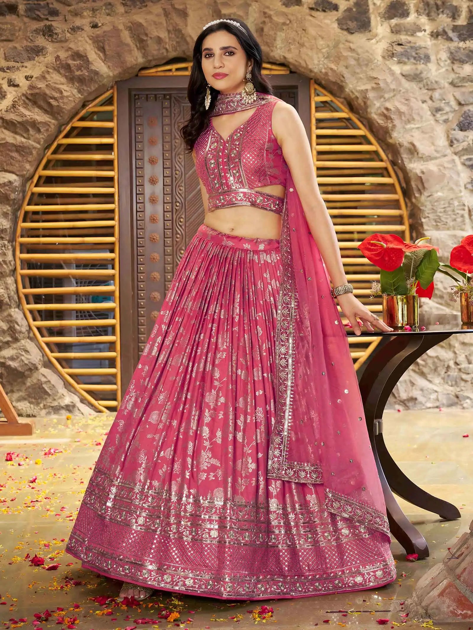 Designer Peach Jacquard Lehenga With Zari Sequins Embroidery Work - qivii