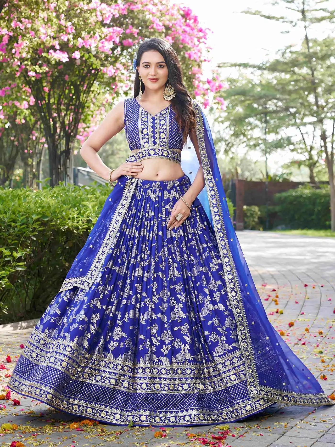 Royal Blue Jacquard Lehenga With Zari Sequins Embroidery Work - qivii
