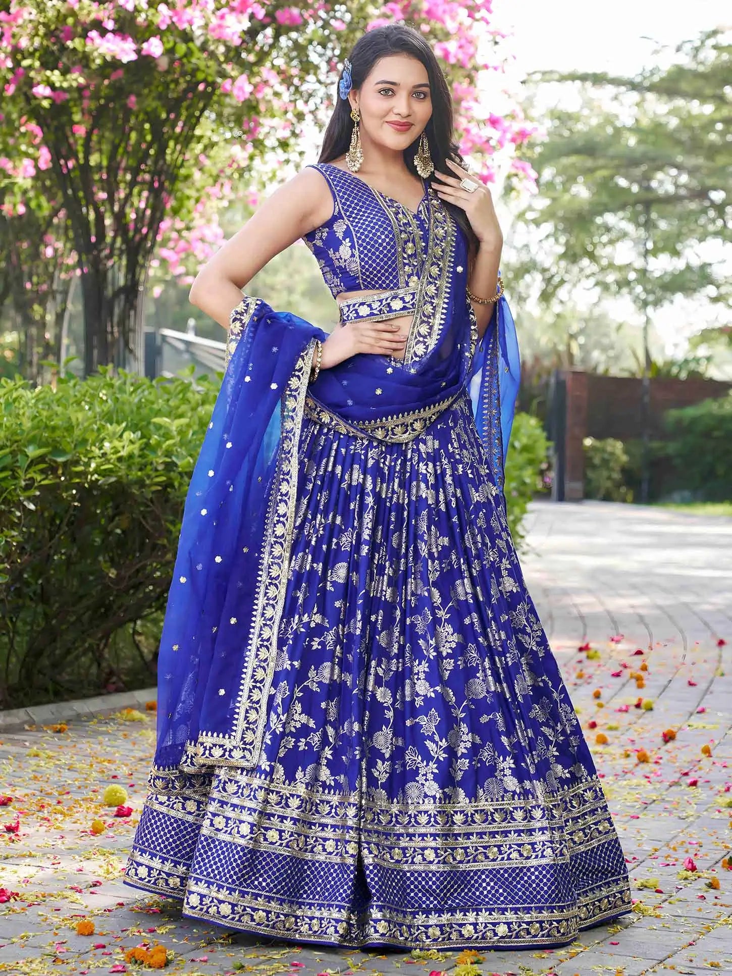 Royal Blue Jacquard Lehenga With Zari Sequins Embroidery Work - qivii