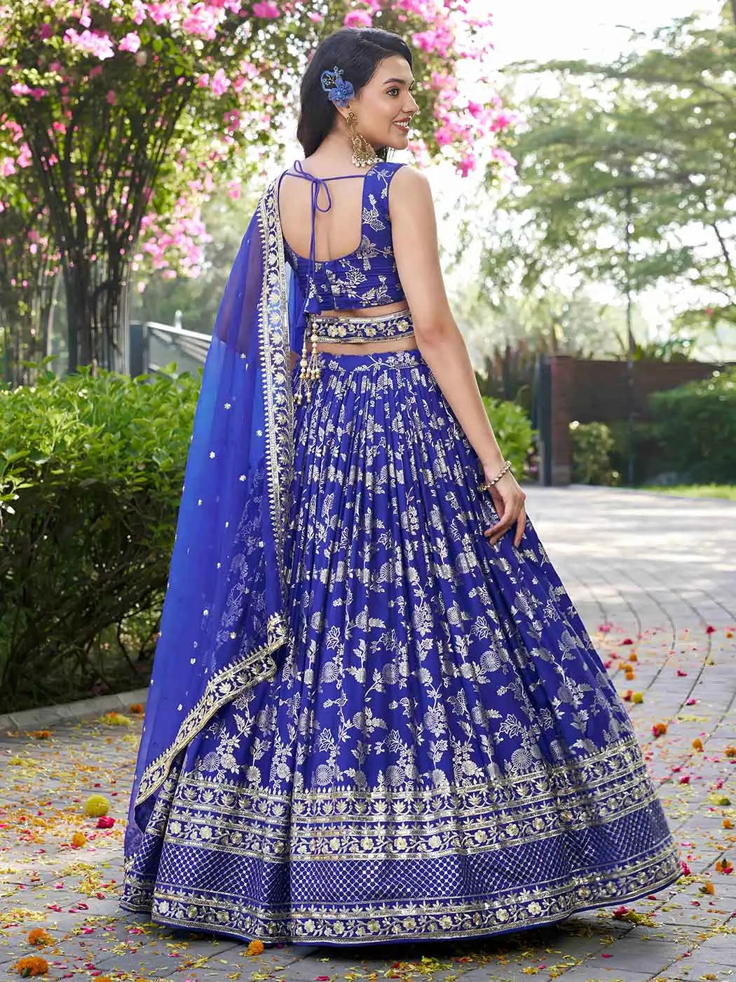 Royal Blue Jacquard Lehenga With Zari Sequins Embroidery Work - qivii