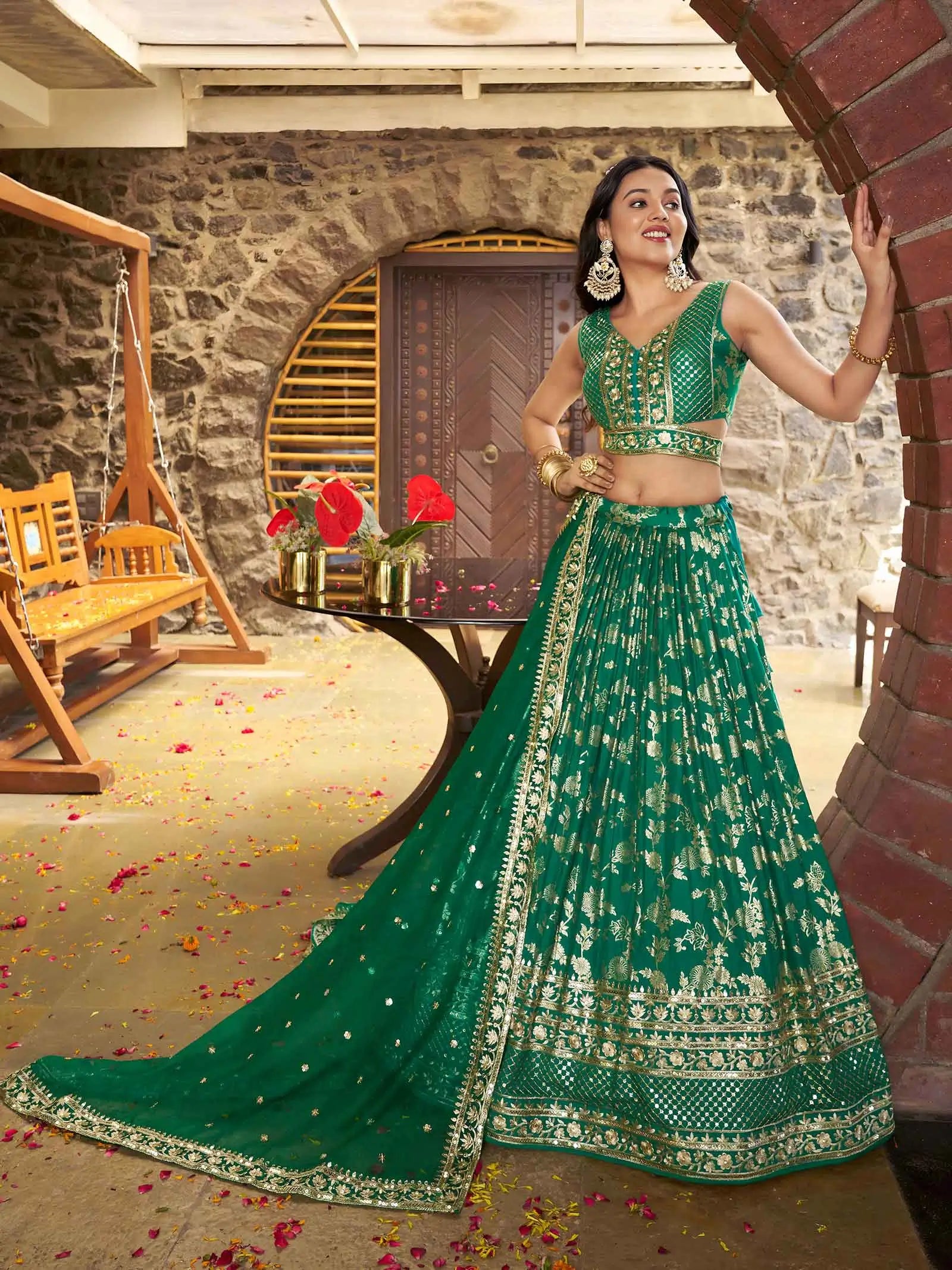 Teal Green Jacquard Lehenga With Zari Sequins Embroidery Work - qivii