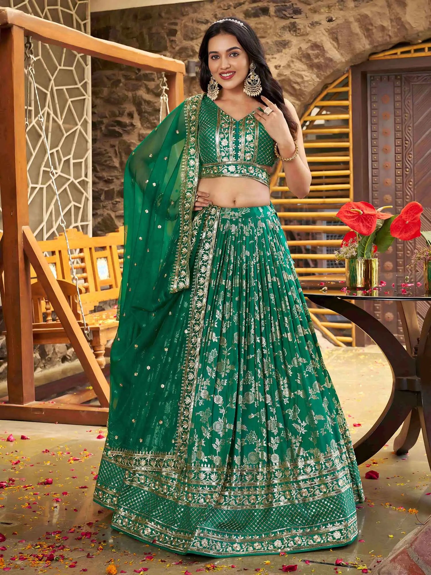 Teal Green Jacquard Lehenga With Zari Sequins Embroidery Work - qivii