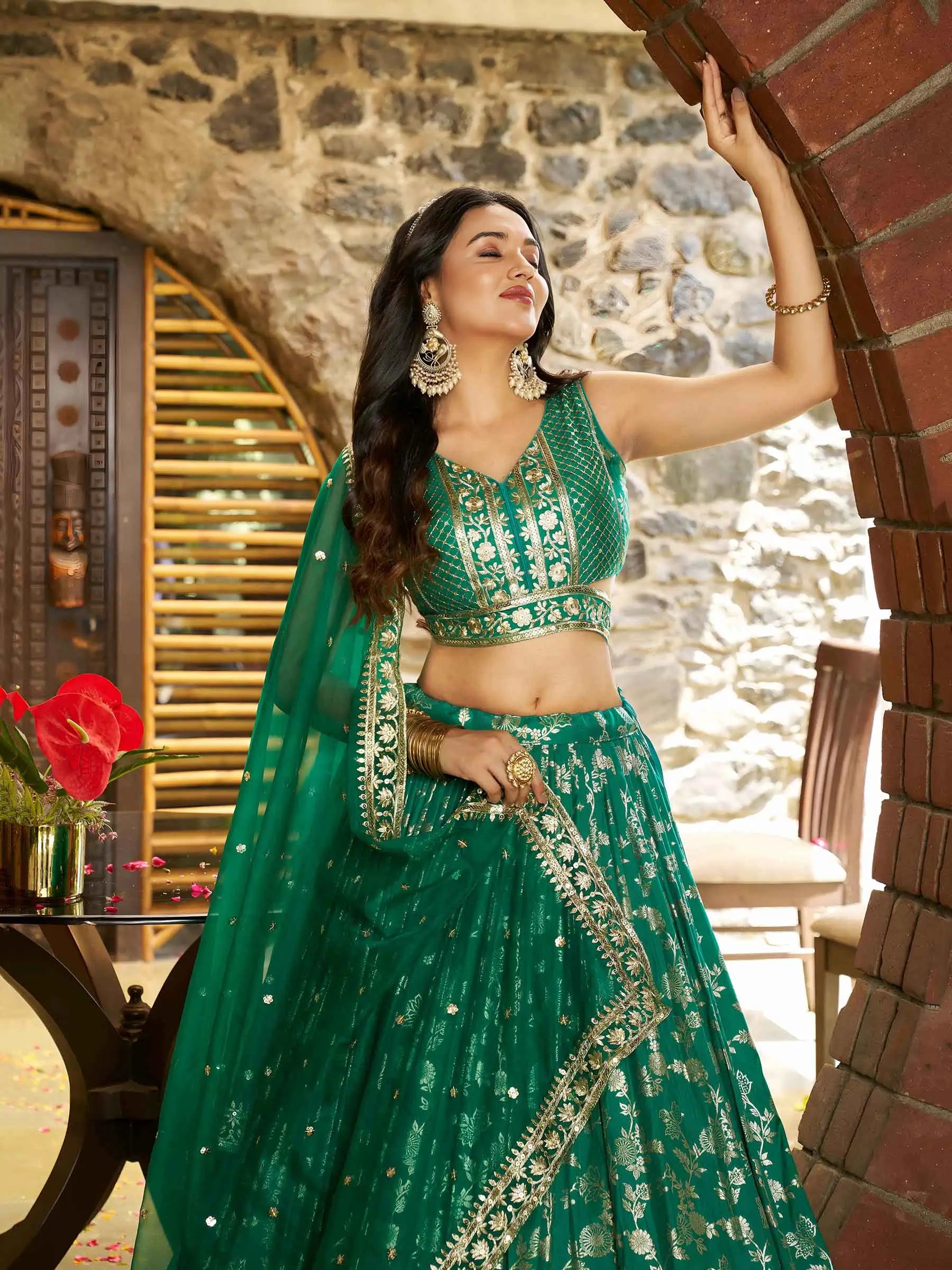 Teal Green Jacquard Lehenga With Zari Sequins Embroidery Work - qivii