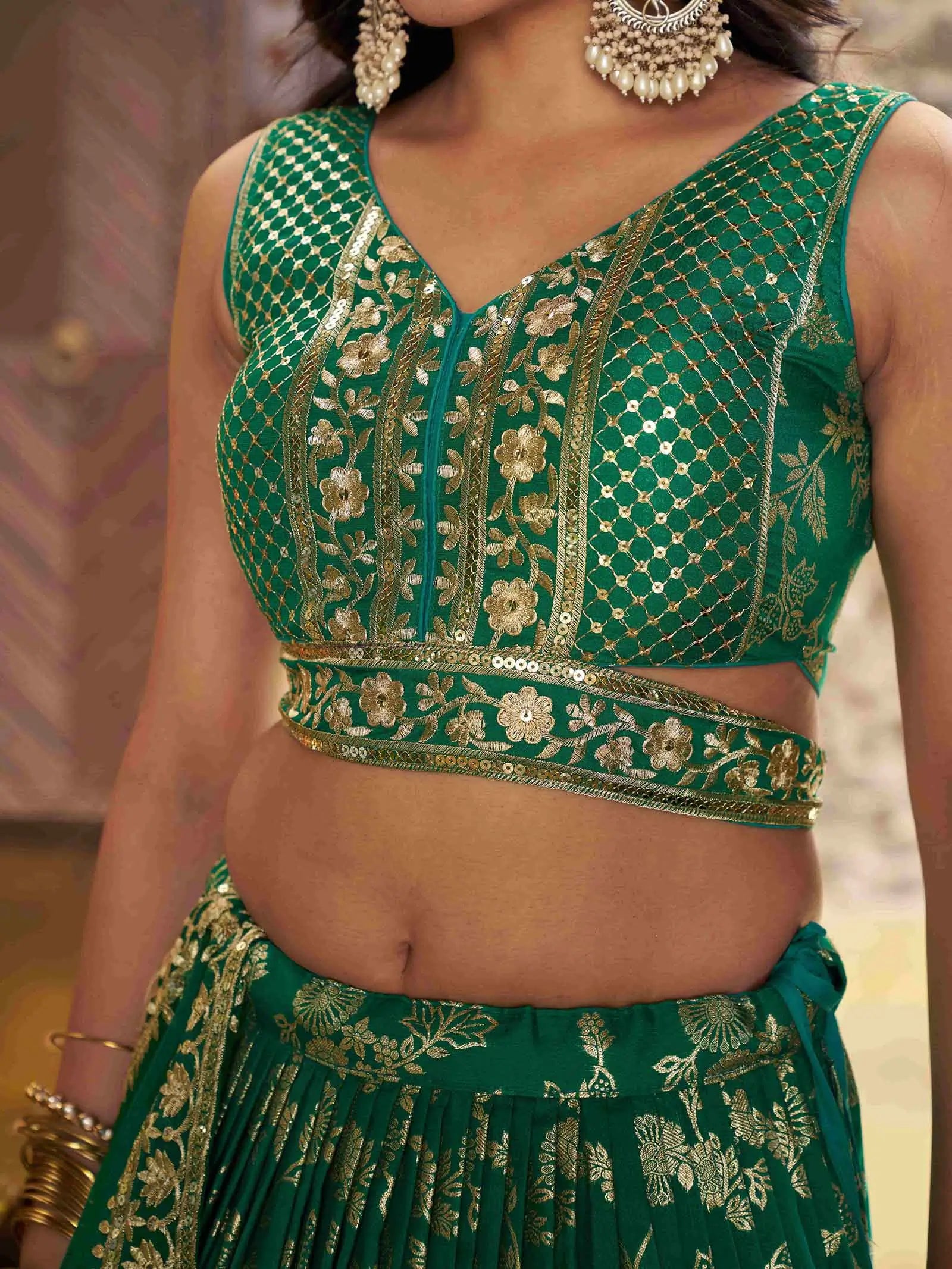 Teal Green Jacquard Lehenga With Zari Sequins Embroidery Work - qivii