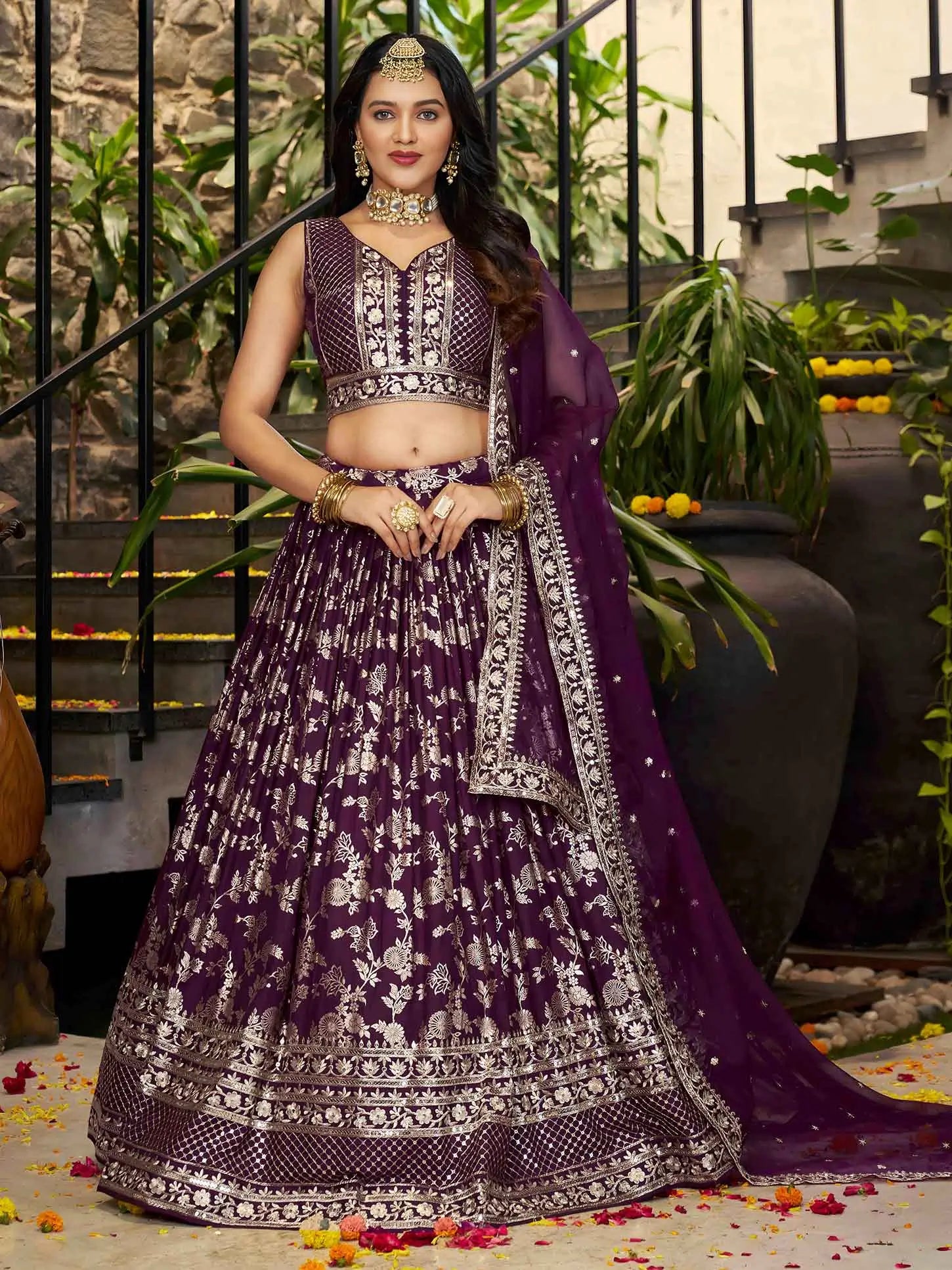 Designer Wine Jacquard Lehenga With Zari Sequins Embroidery Work - qivii