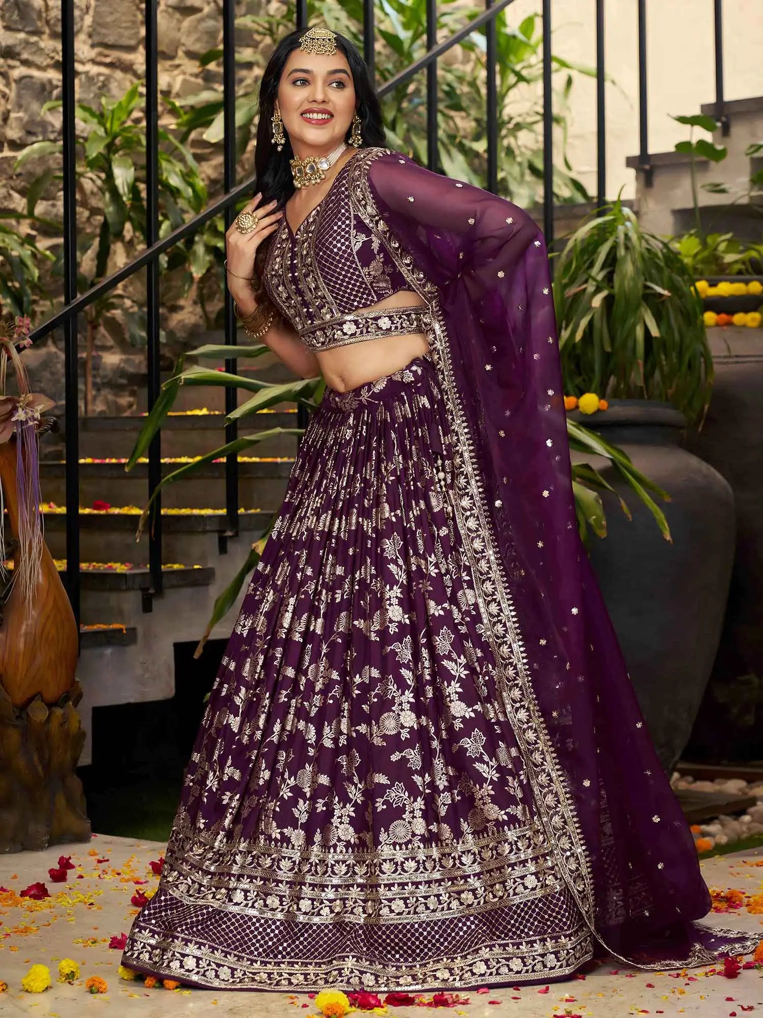 Designer Wine Jacquard Lehenga With Zari Sequins Embroidery Work - qivii