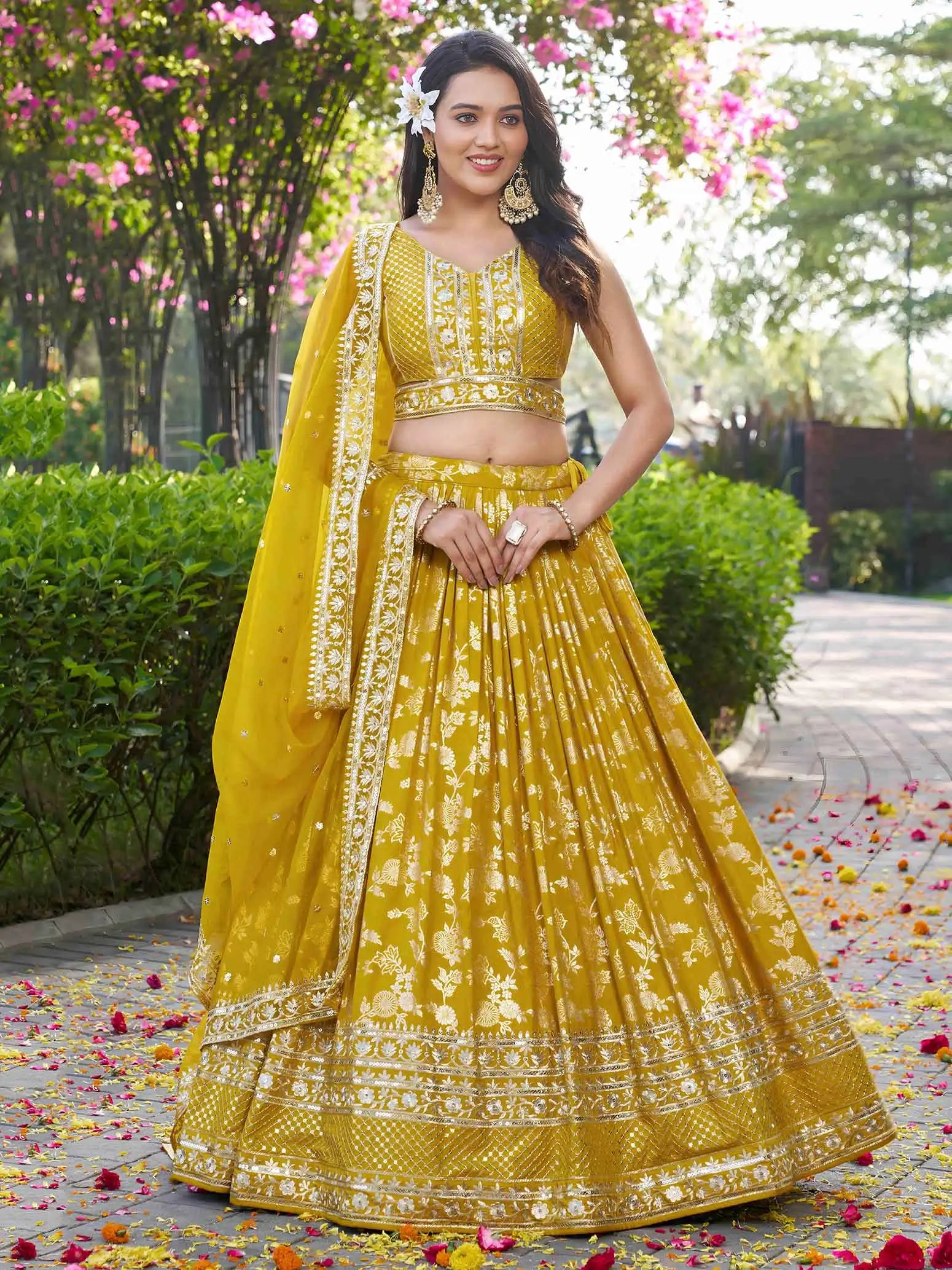 Yellow Jacquard Designer Lehenga With Zari Sequins Embroidery Work - qivii
