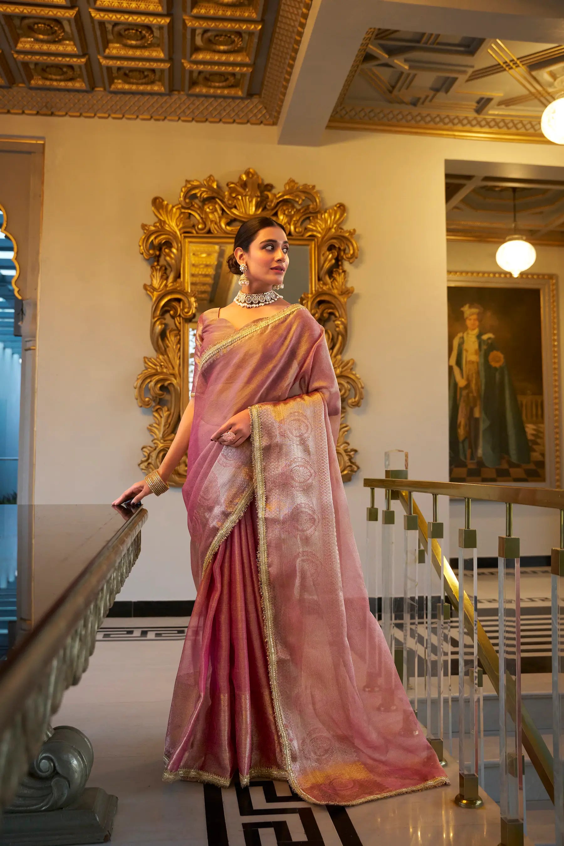 Light Pink Shimmer Tissue Saree With Zari Weaving Work & Sequins Lace Border