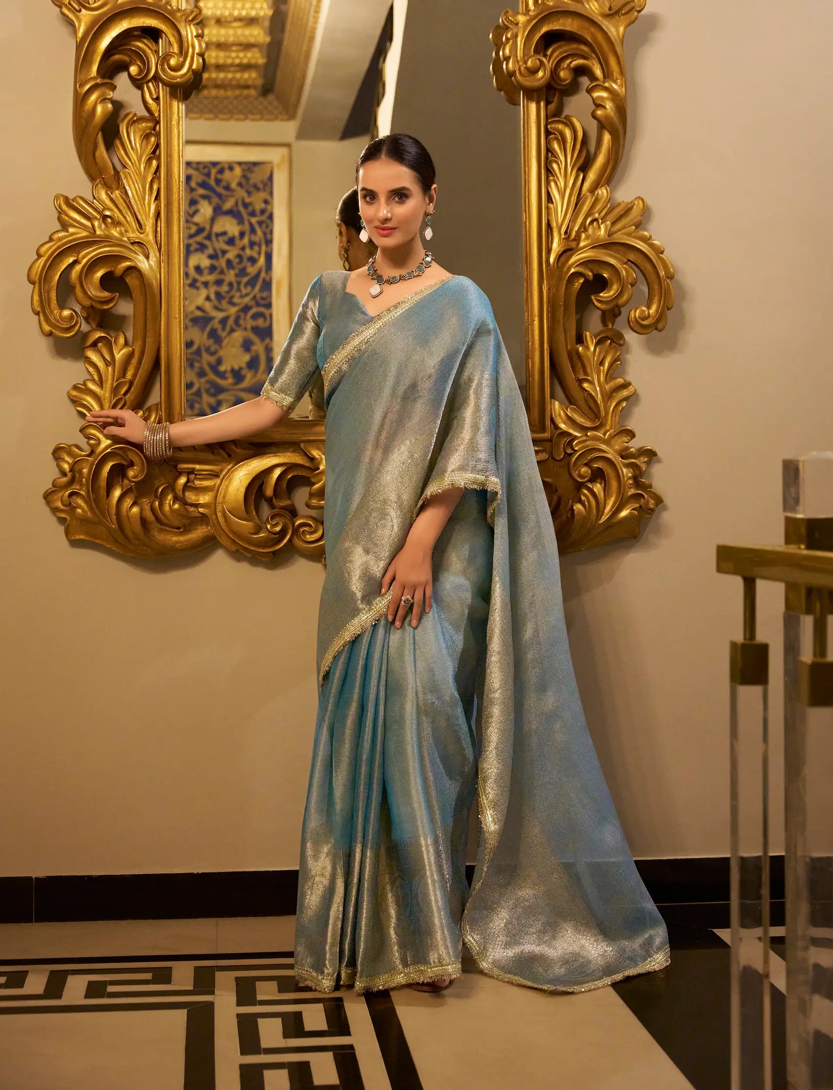 Sea Blue Shimmer Tissue Saree With Zari Weaving Work & Sequins Lace Border
