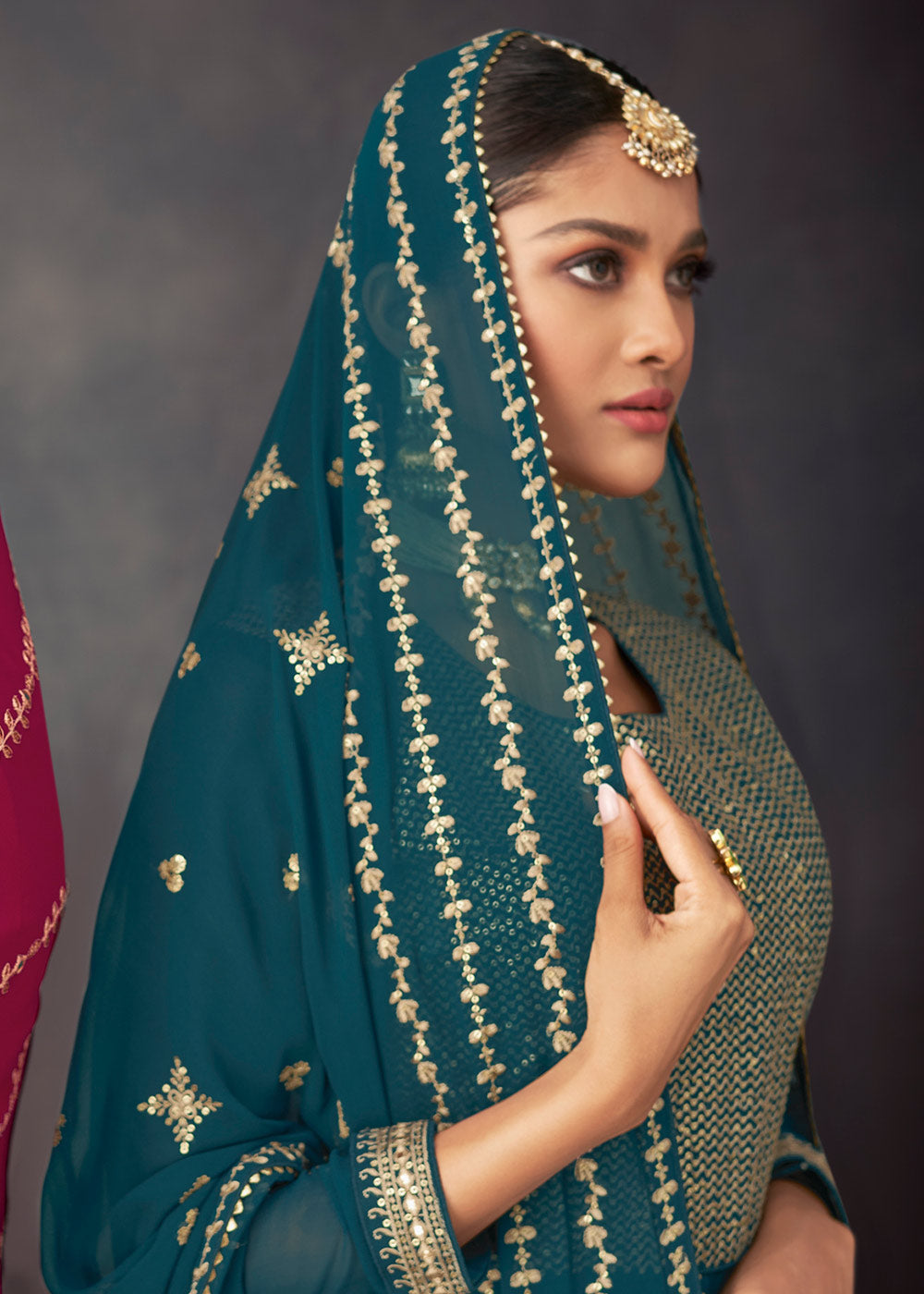 Prussian Blue Embroidered Georgette Plazzo Suit - qivii