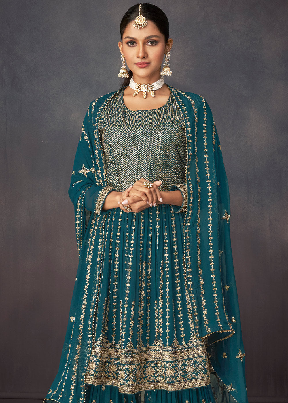 Prussian Blue Embroidered Georgette Plazzo Suit: Top Pick By Qivii