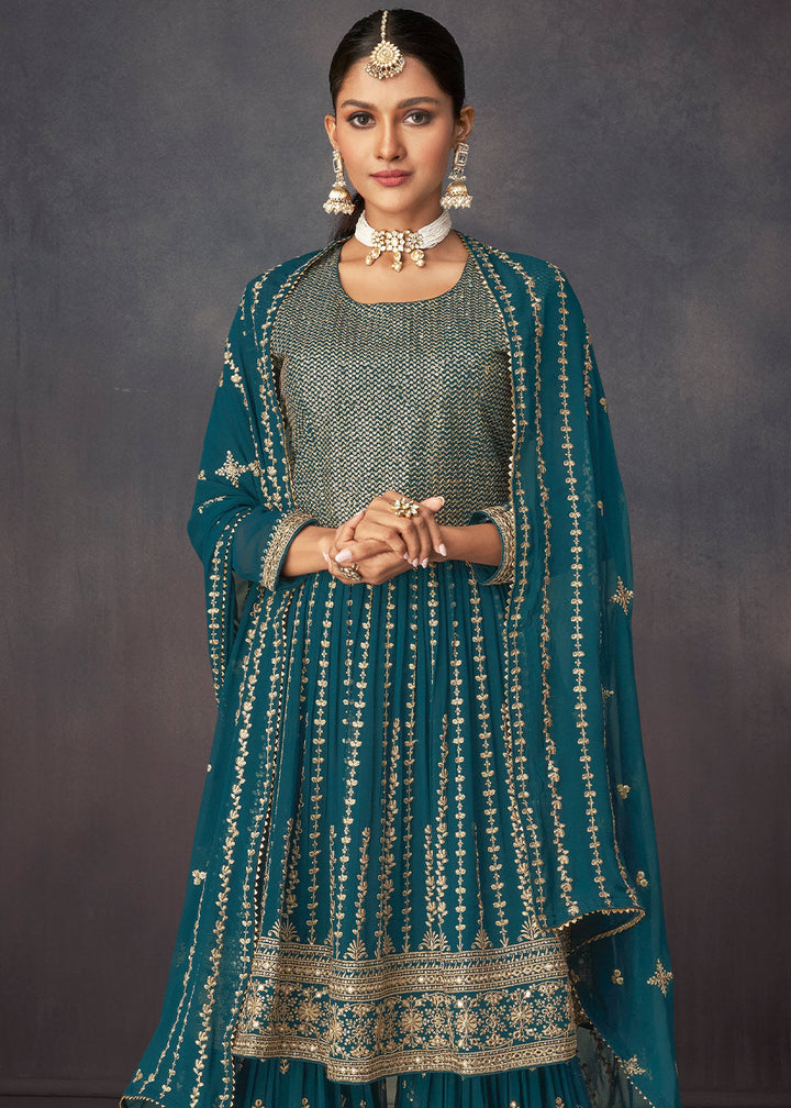 Prussian Blue Embroidered Georgette Plazzo Suit: Top Pick By Qivii