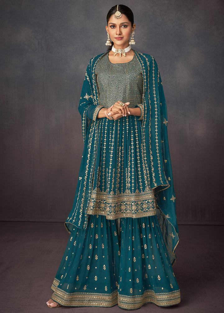 Prussian Blue Embroidered Georgette Plazzo Suit: Top Pick By Qivii