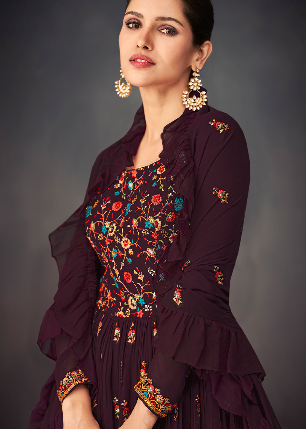 Purple & Pink Georgette Embroidered Lehenga Suit - qivii