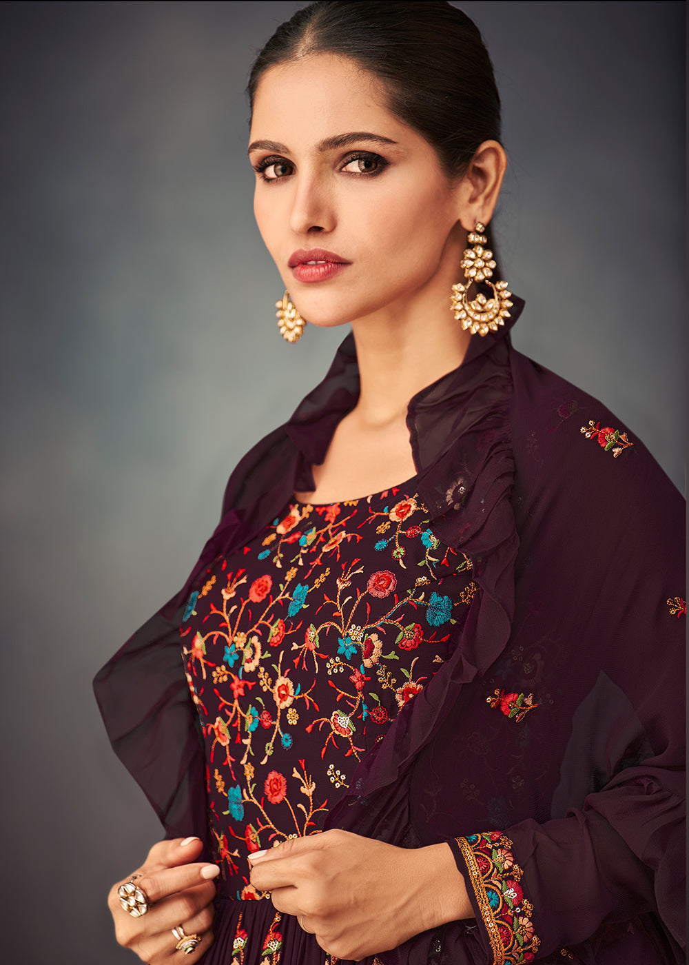 Purple & Pink Georgette Embroidered Lehenga Suit - qivii