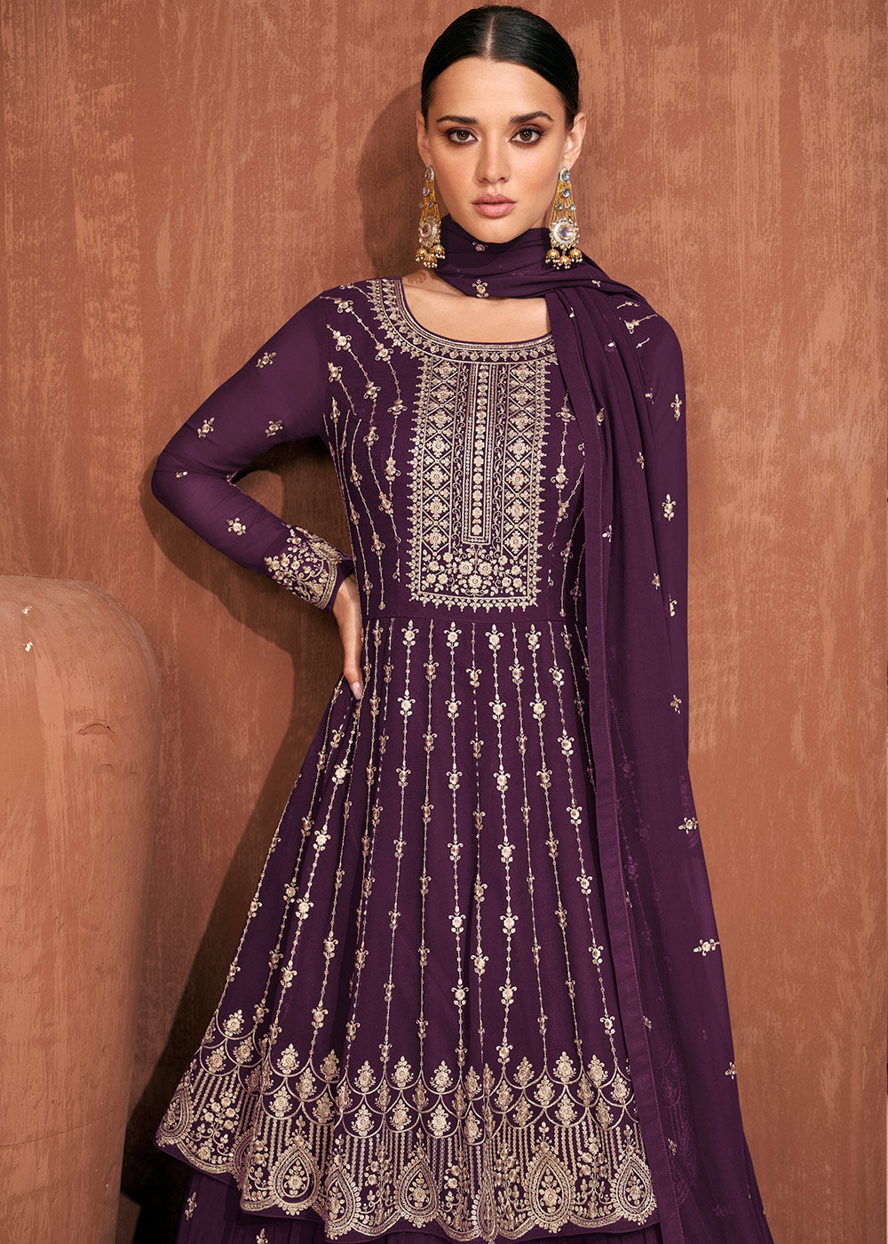 Wine Purple Georgette Embroidered Lehenga Suit By Qivii