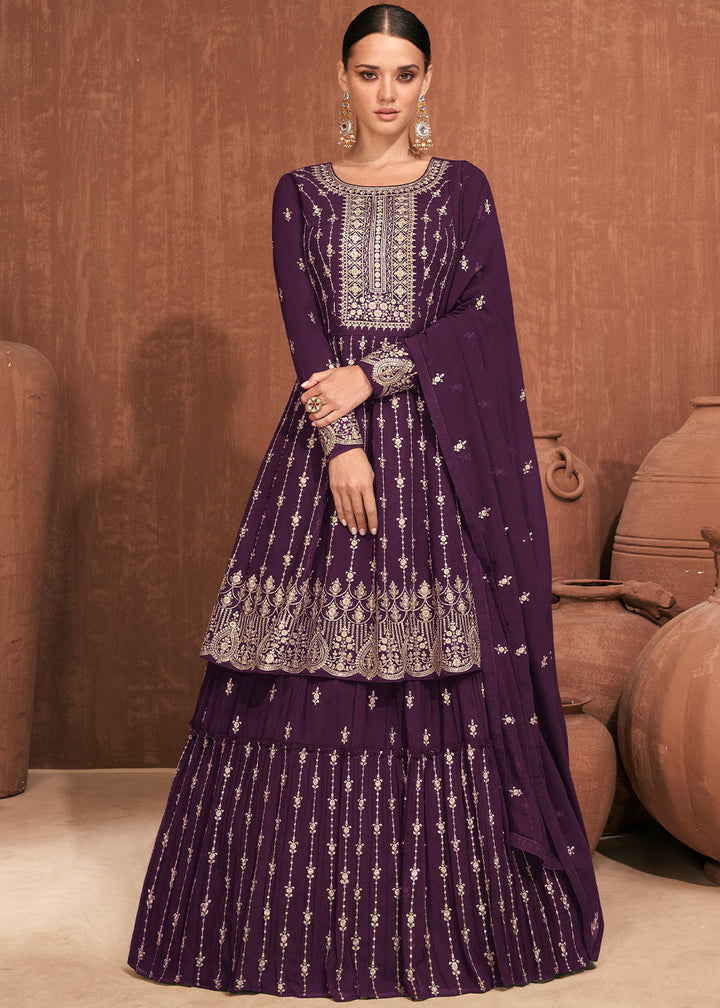 Wine Purple Georgette Embroidered Lehenga Suit By Qivii