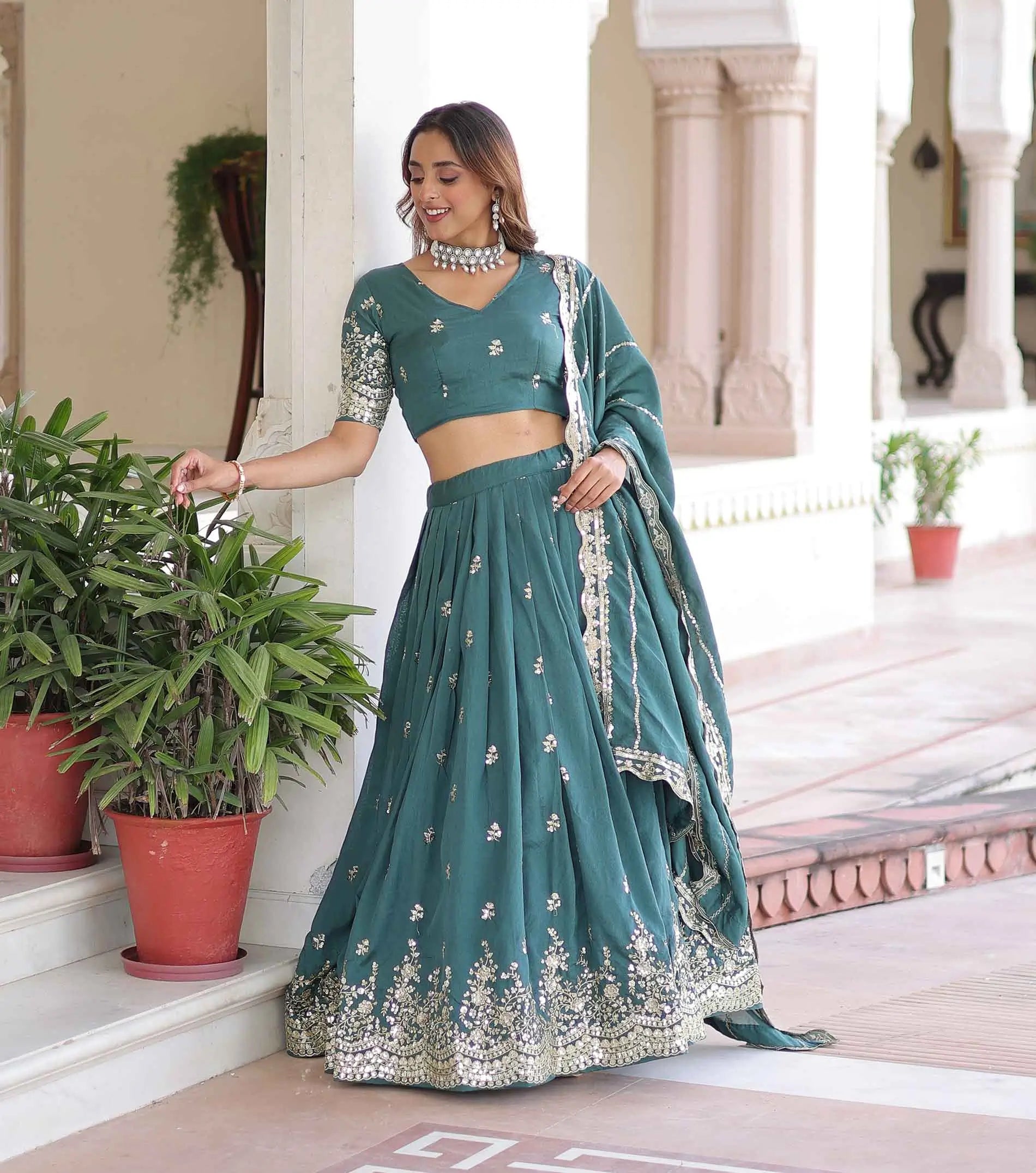Beetle Green Sequins Embroidery Work Lehenga Choli