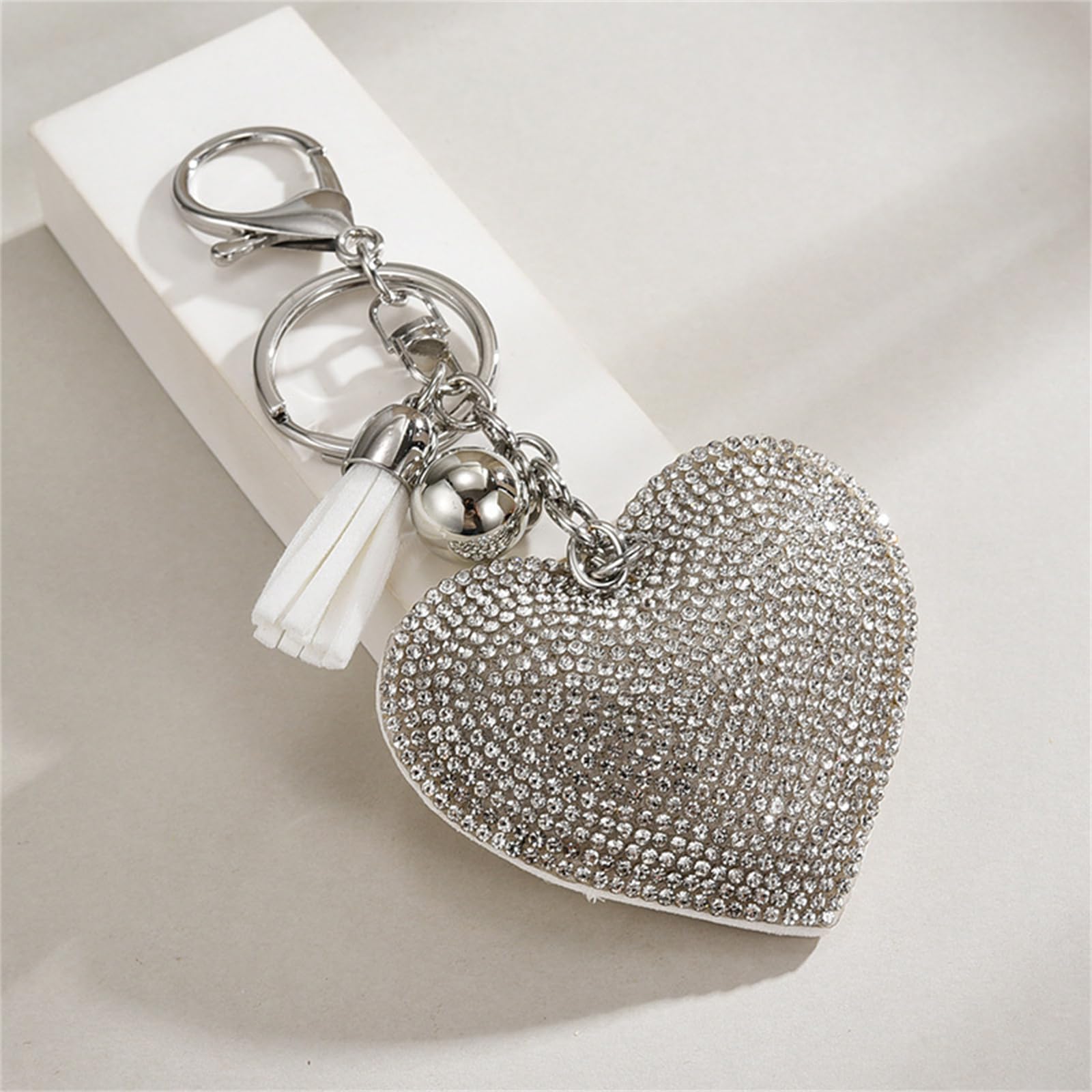 Ounamei Rhinestone Heart Keychain | Crystal Bling Tassel Bag Charm