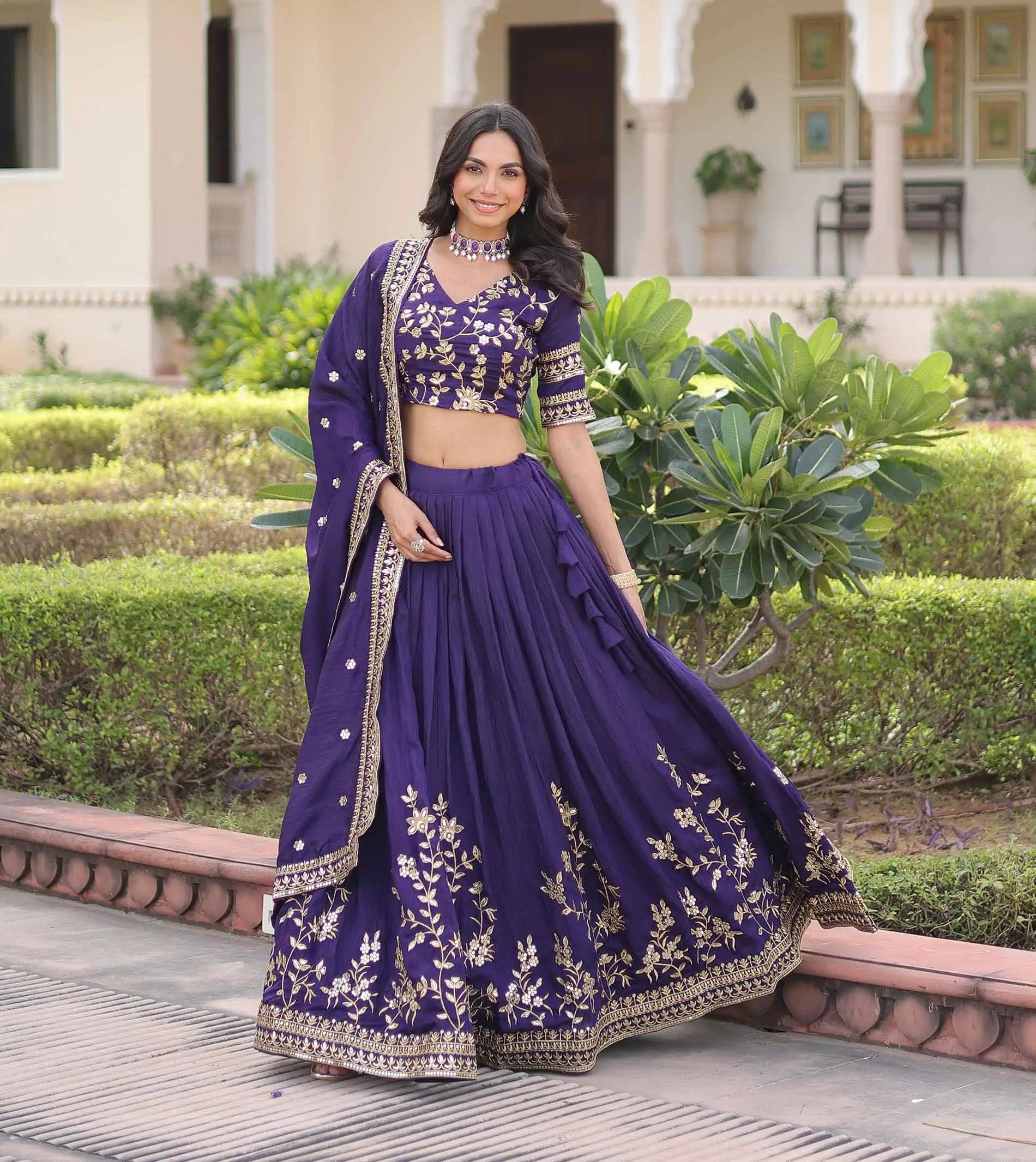 Dark Purple Sequins Embroidery Lehenga Choli