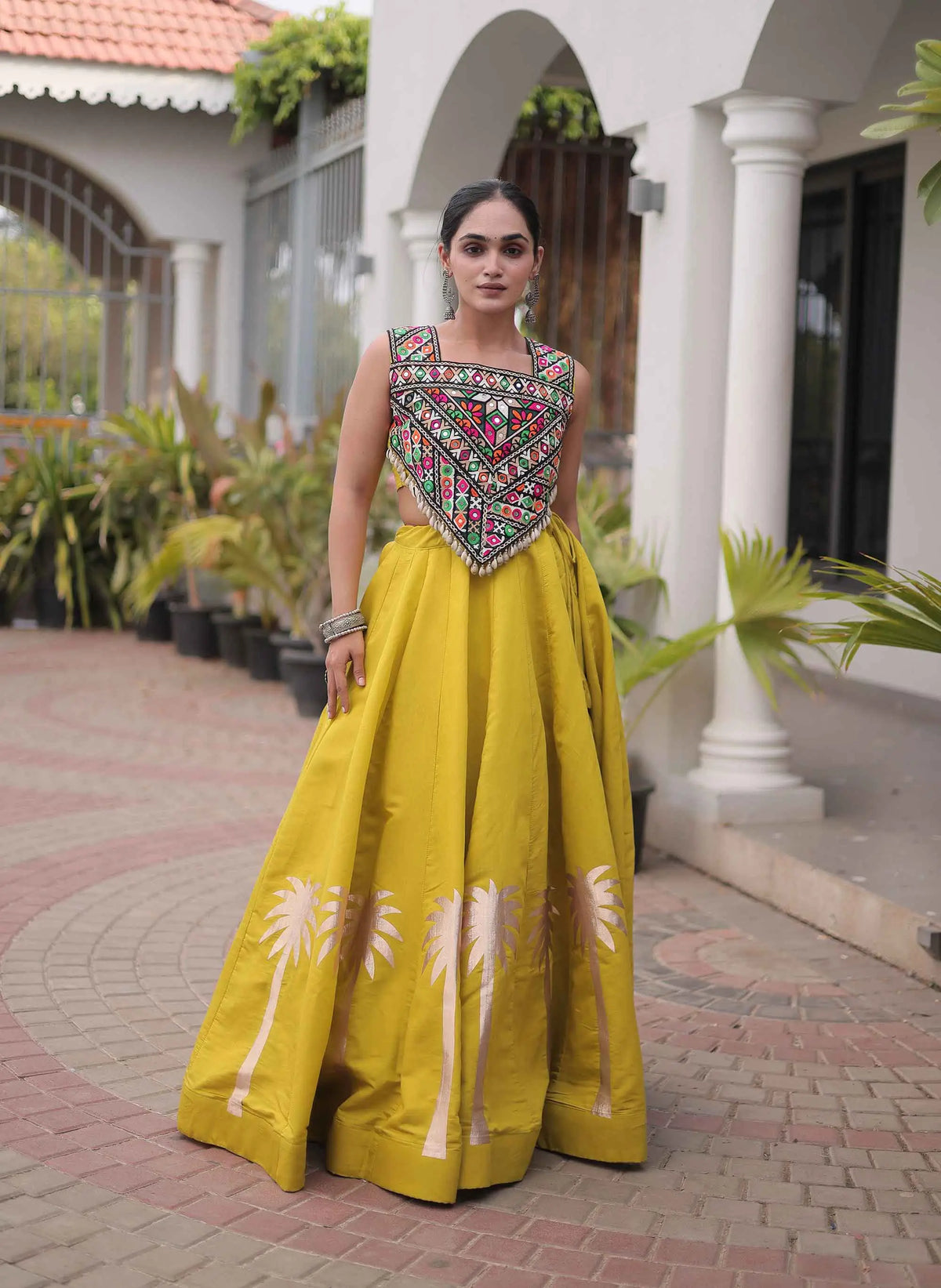 Olive Yellow Gamthi Work Navratri Lehenga Choli