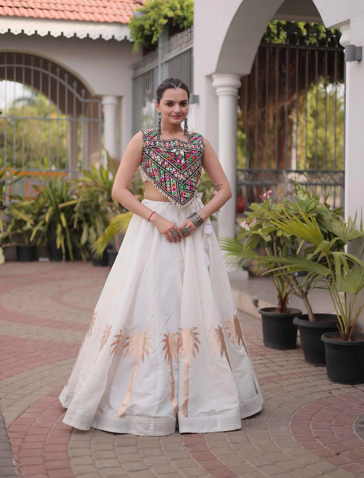White Gamthi Work Navratri Lehenga Choli