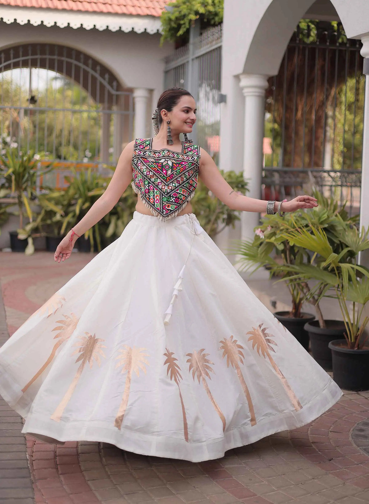 White Gamthi Work Navratri Lehenga Choli