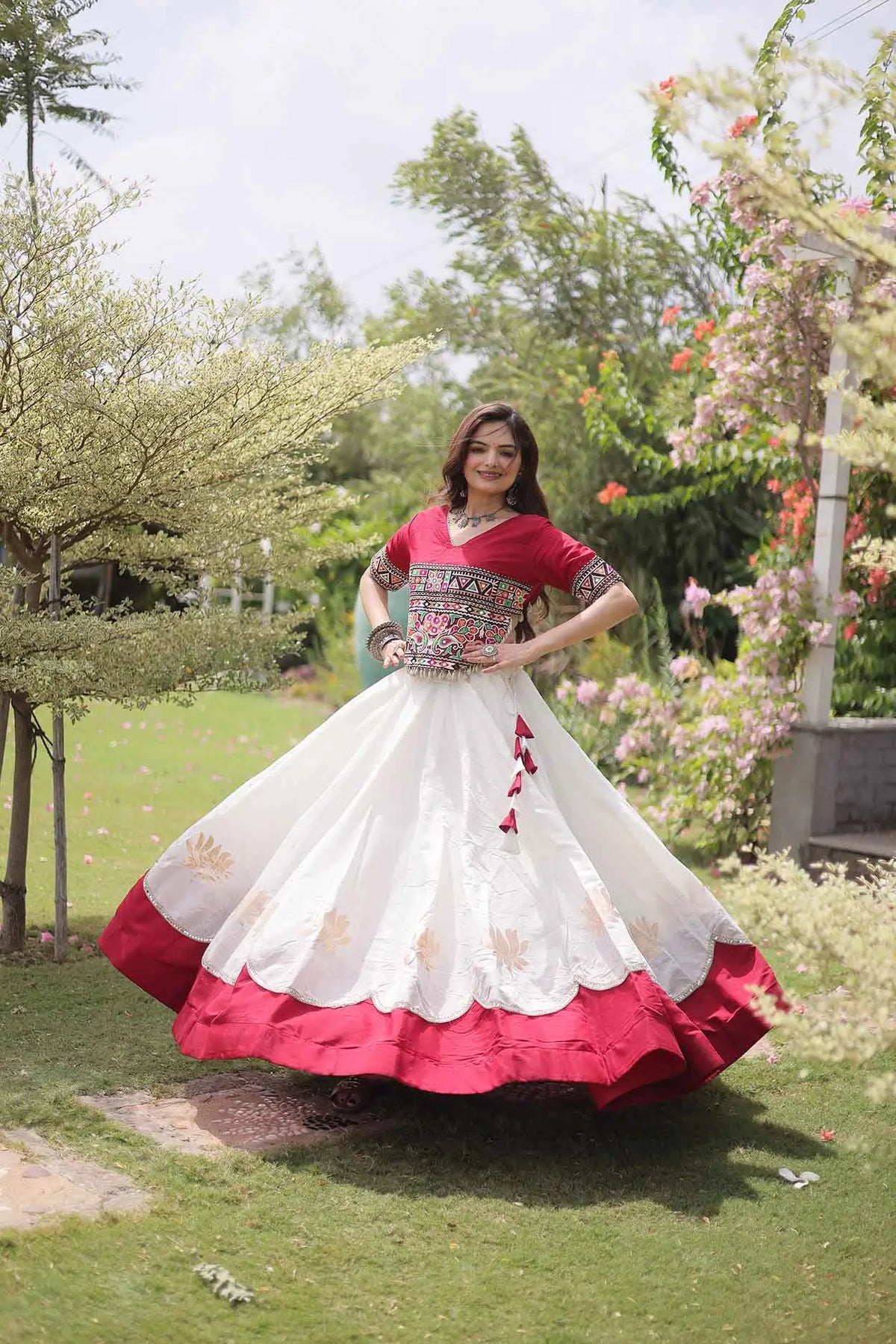 Maroon And White Navaratri Lehenga Choli