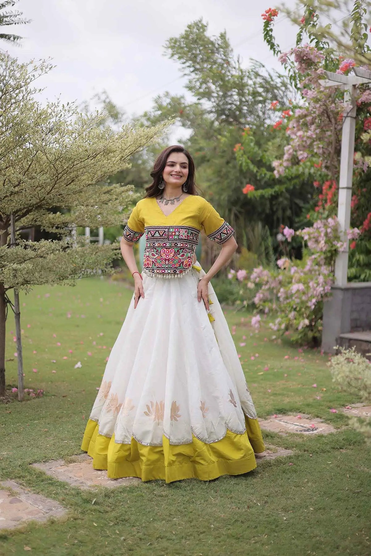 Parrot And White Navaratri Lehenga Choli