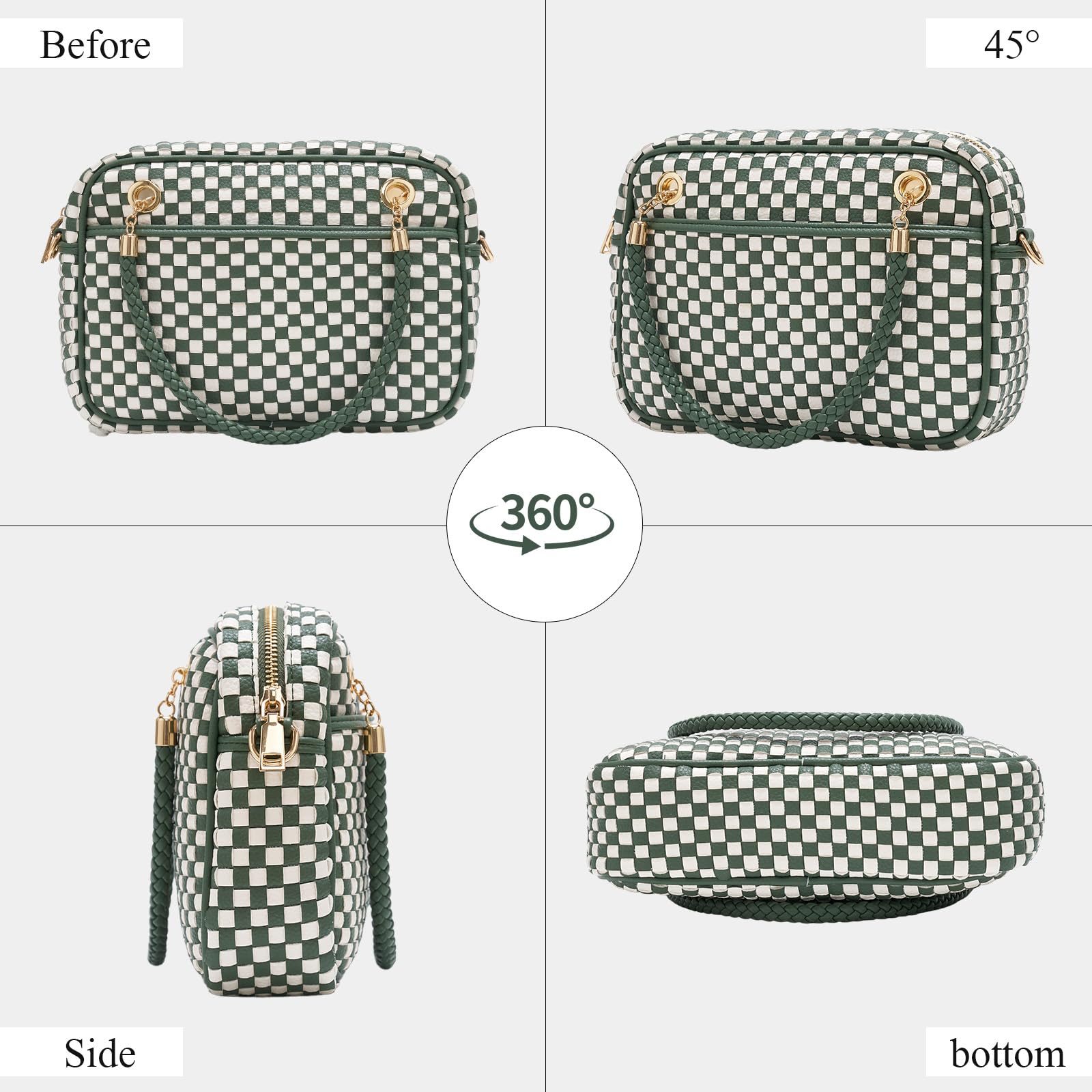 Ounamei Chic Checkered Woven Handbag Top Handle Crossbody Shoulder Bag Vegan Leather