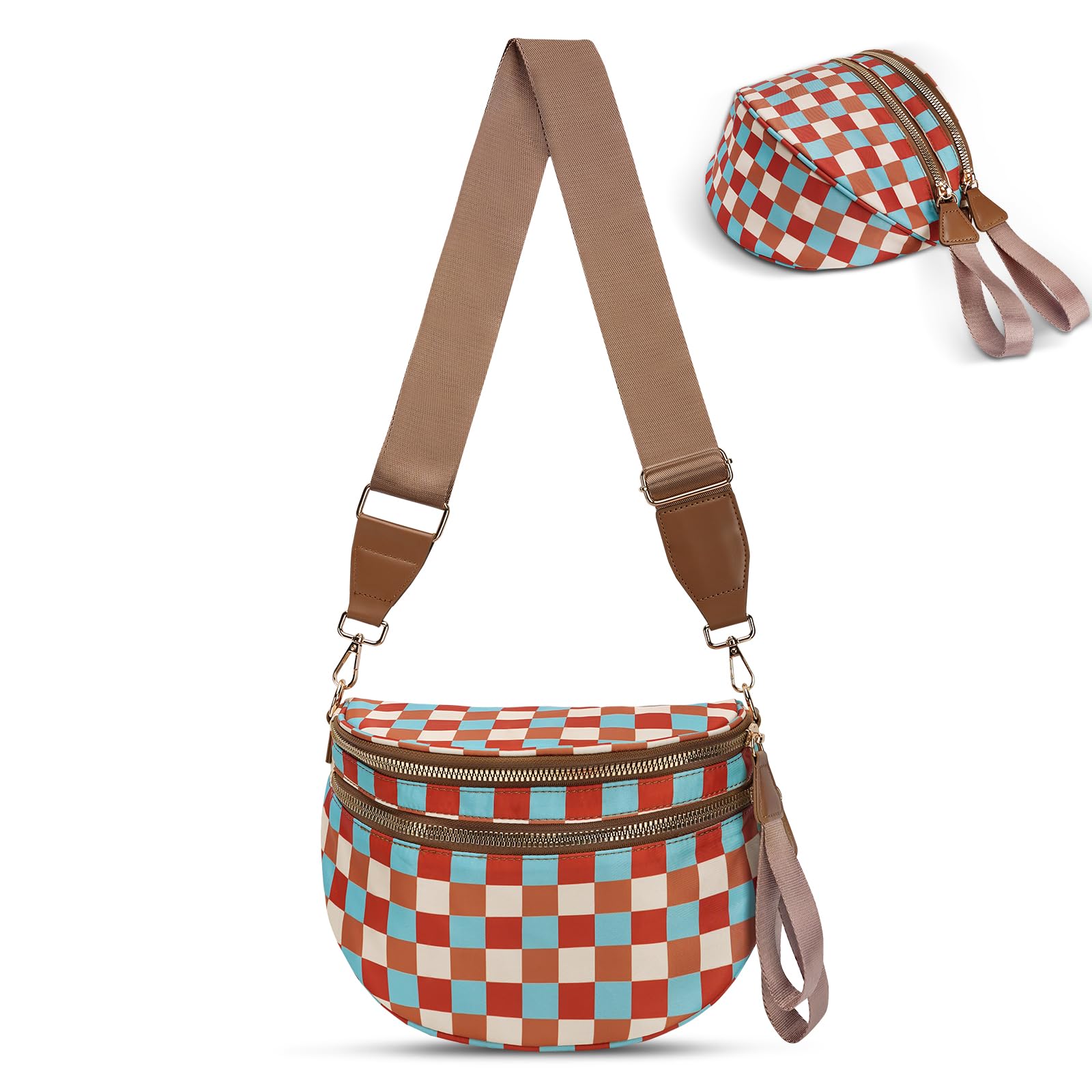 Ounamei Checkered Crossbody Bum Bag for Women Large Capacity Belt Bag for Moms & Everyday Travel