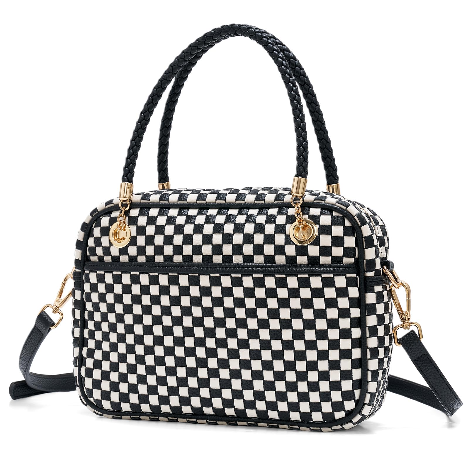 Ounamei Chic Checkered Woven Handbag Top Handle Crossbody Shoulder Bag Vegan Leather