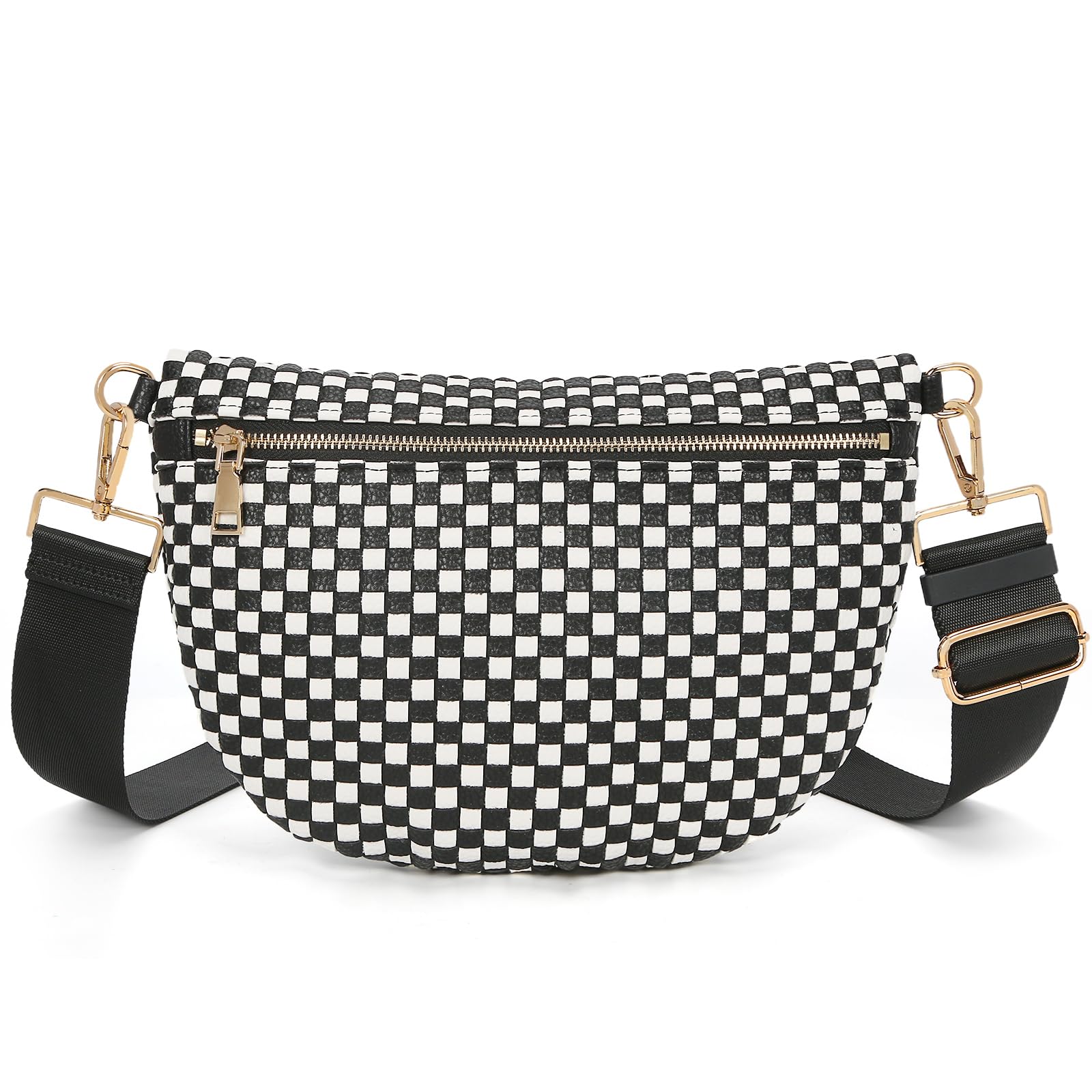 Ounamei Checkered Woven Crossbody Fanny Pack for Women – Adjustable Sling Bum Bag, Lightweight Everyday Travel Shoulder Purse