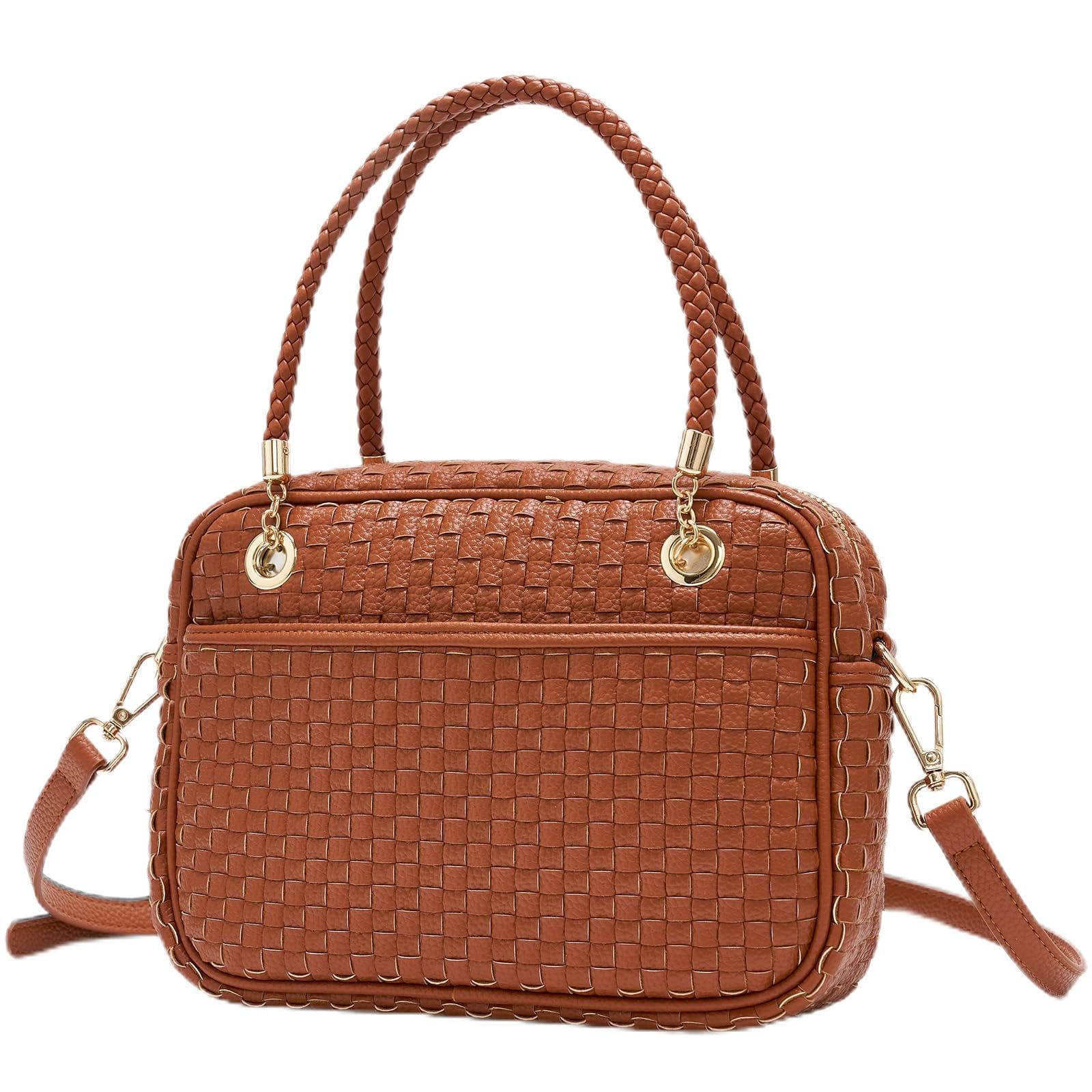 Ounamei Chic Checkered Woven Handbag Top Handle Crossbody Shoulder Bag Vegan Leather
