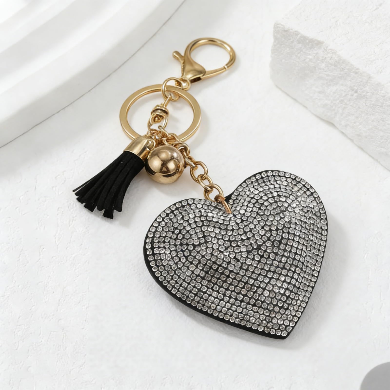 Ounamei Rhinestone Heart Keychain | Crystal Bling Tassel Bag Charm