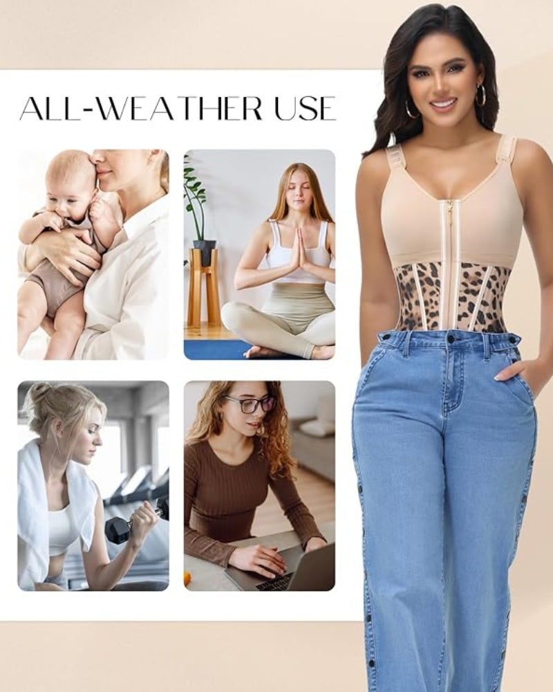 Women's Leopard Print Vest Tummy Control Waist Trainer With Bra  - By Qivii