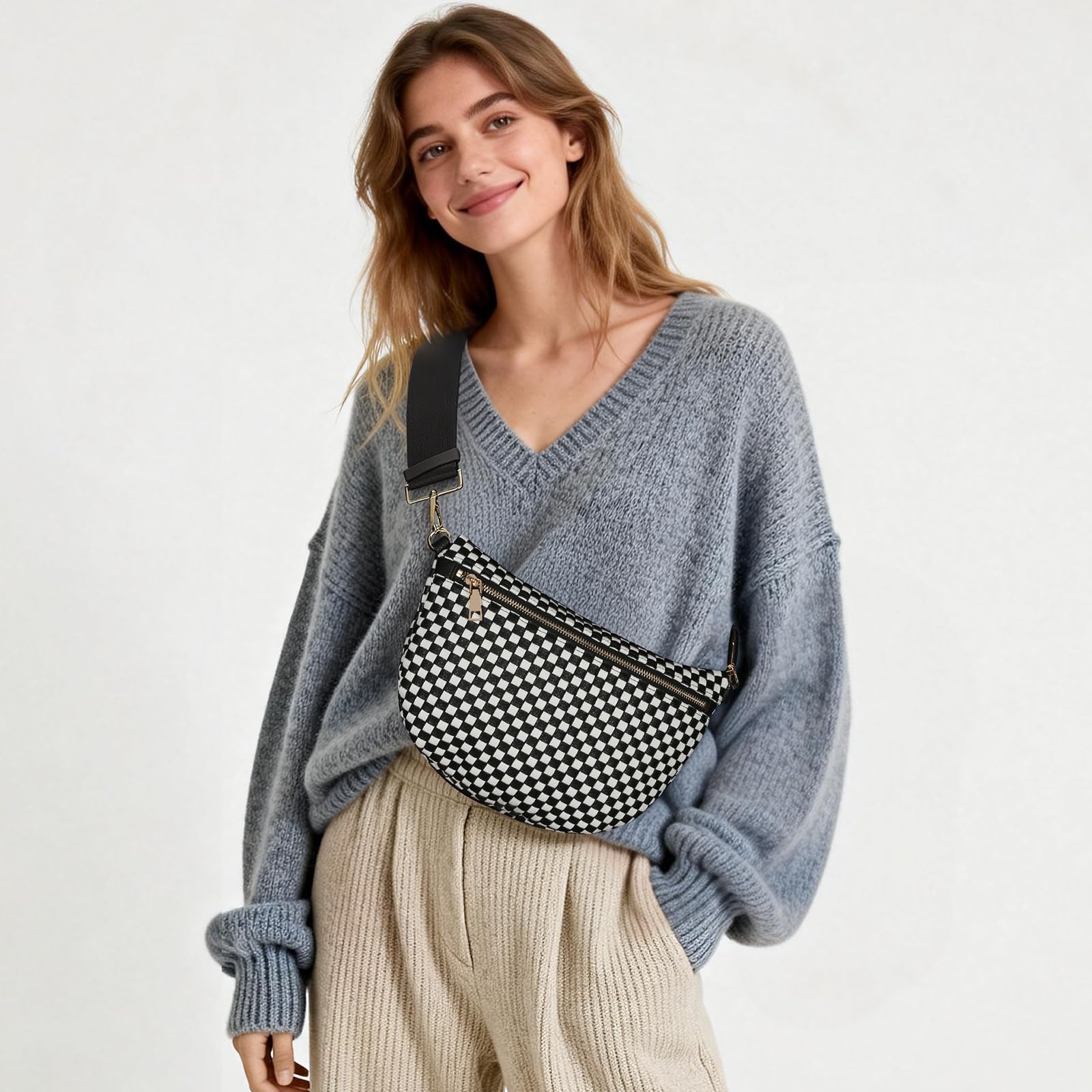 Ounamei Checkered Woven Crossbody Fanny Pack for Women – Adjustable Sling Bum Bag, Lightweight Everyday Travel Shoulder Purse