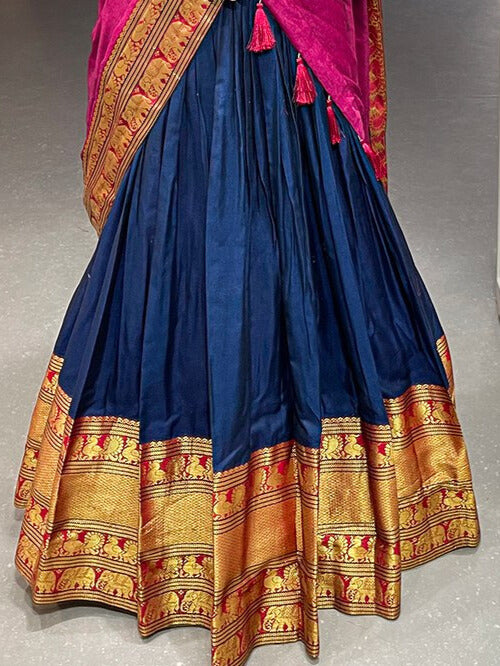 Narayan Pet Cotton Zari Weaving Work Lehenga Choli In Navy Blue Color