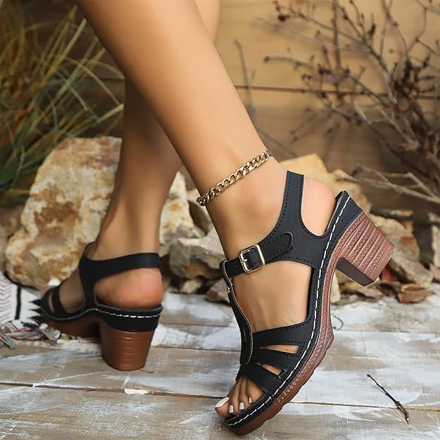 Women’s GraceStep Block Heel Sandals – Peep-Toe Buckle Summer Shoes (US 5–10.5)