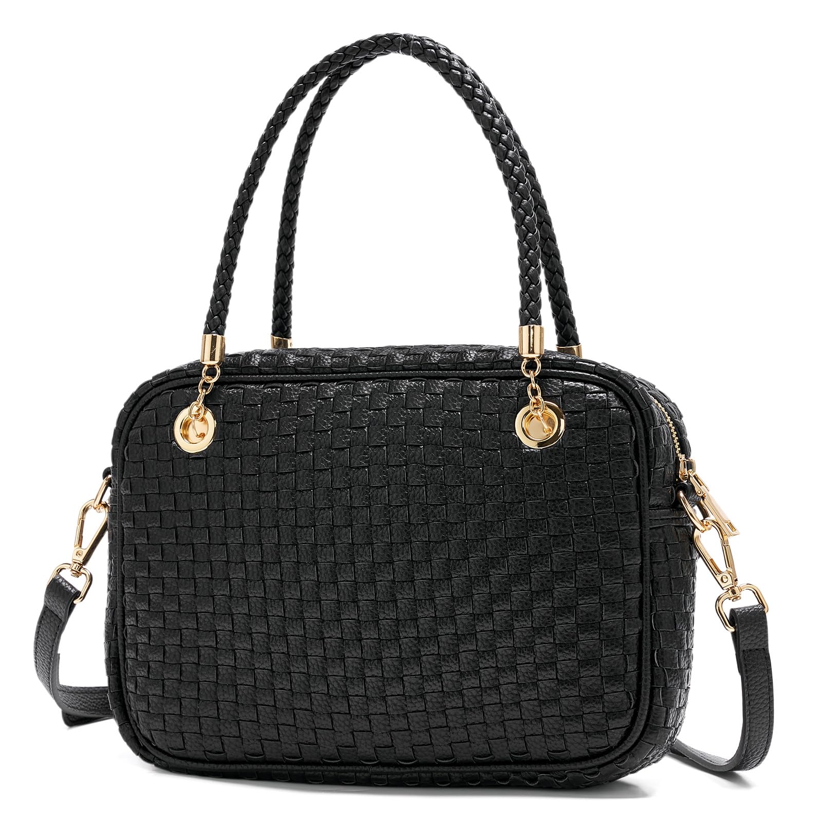 Ounamei Chic Checkered Woven Handbag Top Handle Crossbody Shoulder Bag Vegan Leather