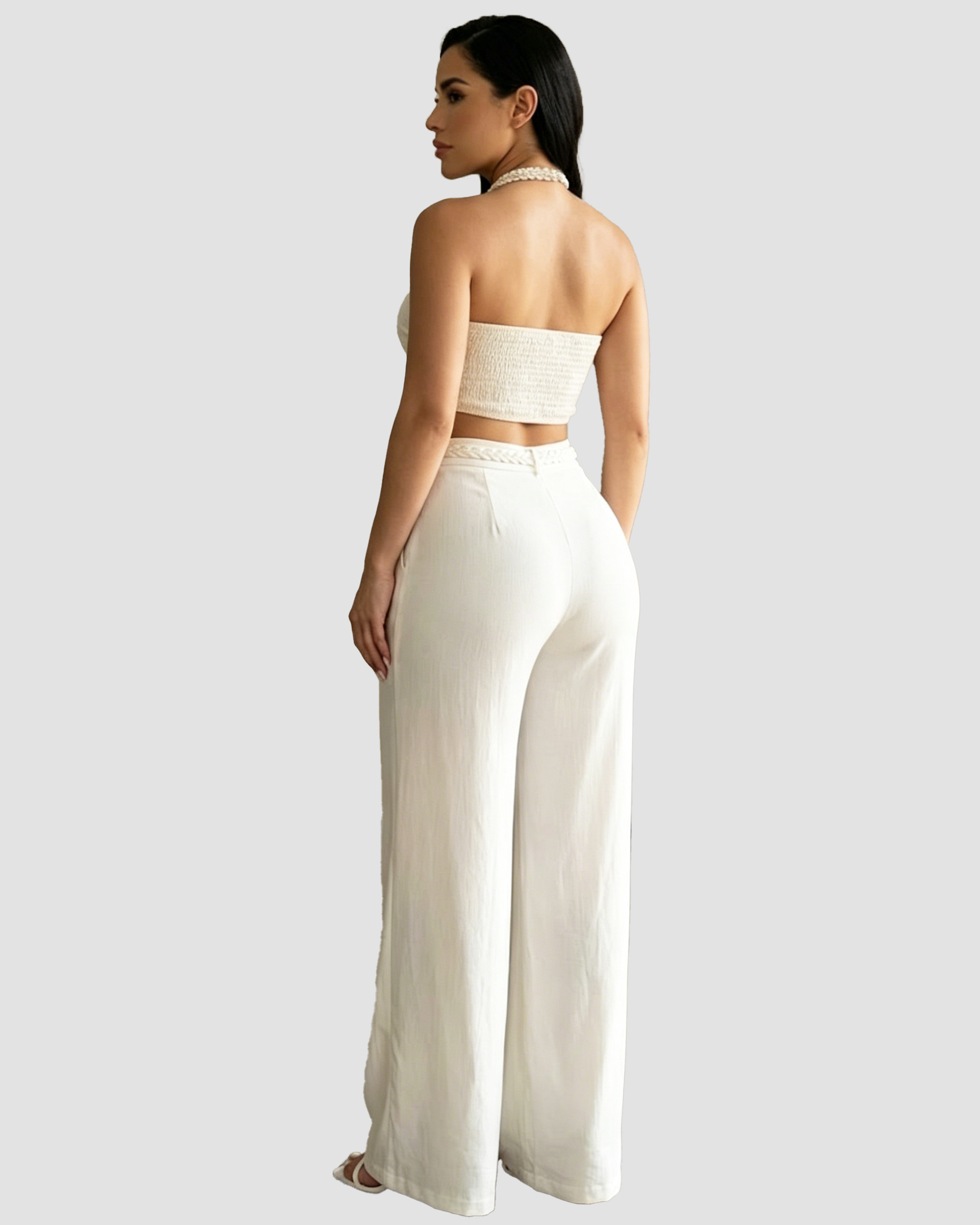 2 Piece Braided Trim Two Piece Outfit with Flared Trousers  - By Qivii
