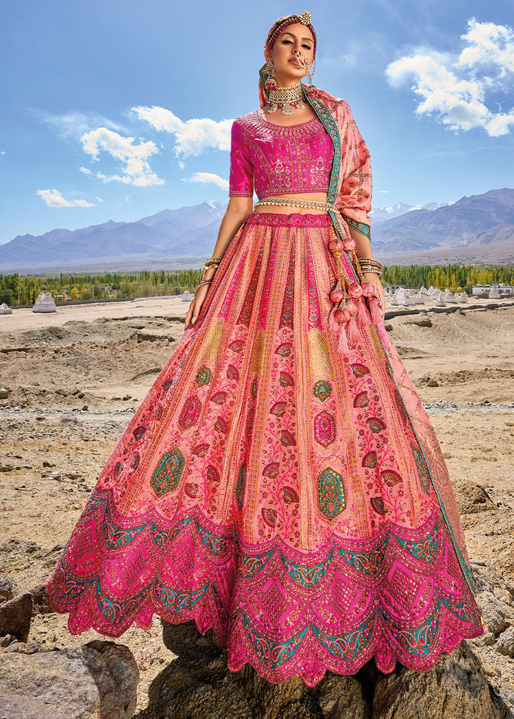 Peach Pink Banarasi Jacquard Silk Lehenga with Cut Work & Hand Work Embroidery