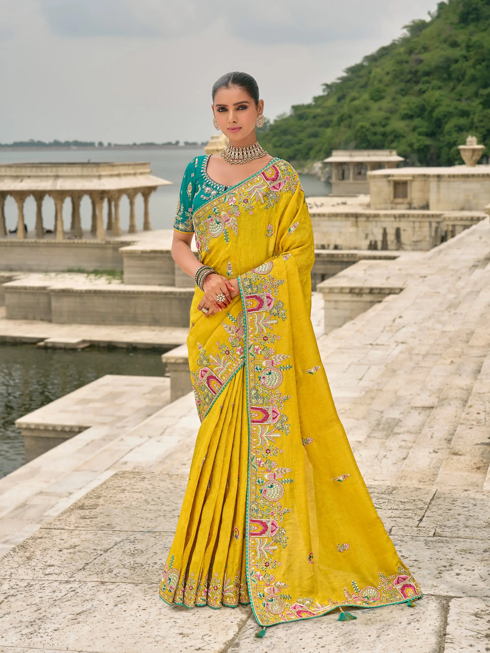 Yellow Viscose Jacquard Saree With Embroidery Pearls Khatli Zari Weaving Work - qivii