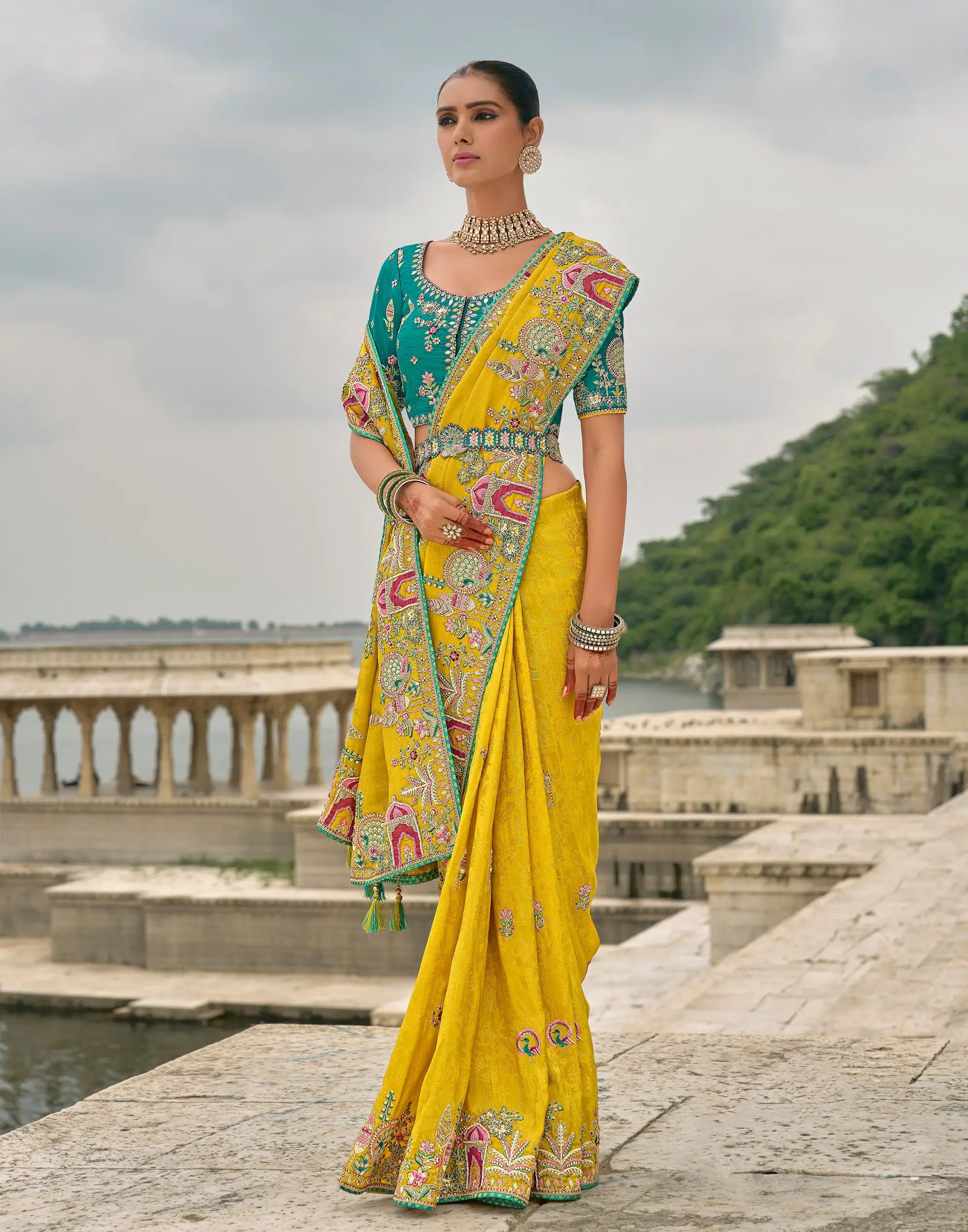 Yellow Viscose Jacquard Saree With Embroidery Pearls Khatli Zari Weaving Work - qivii