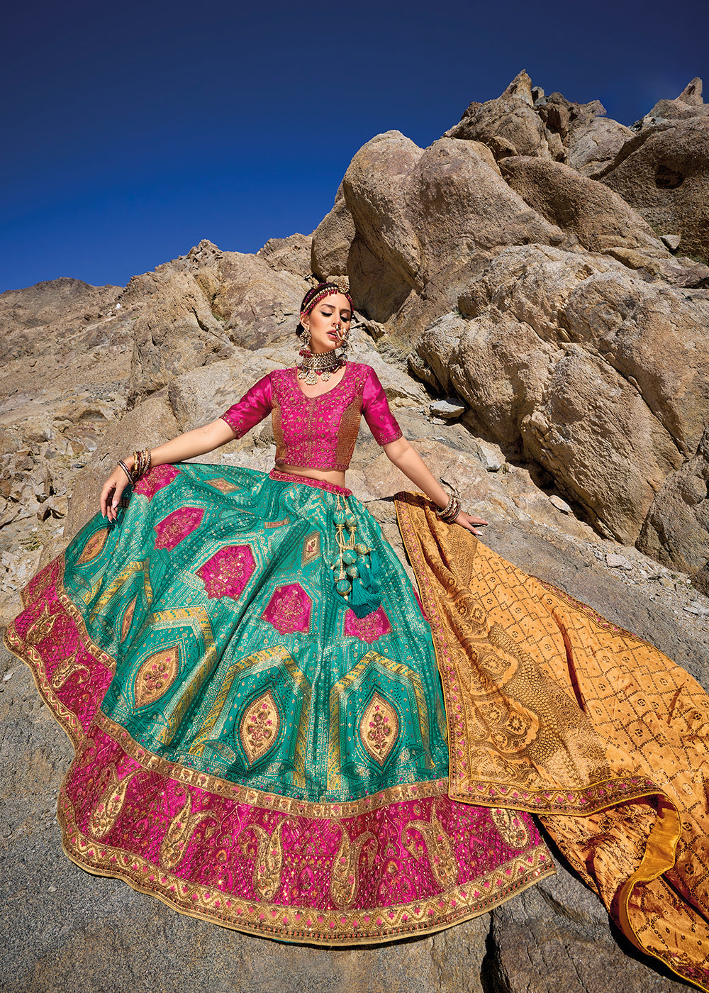 Blue & Pink Banarasi Jacquard Silk Lehenga with Cut Work & Hand Work Embroidery