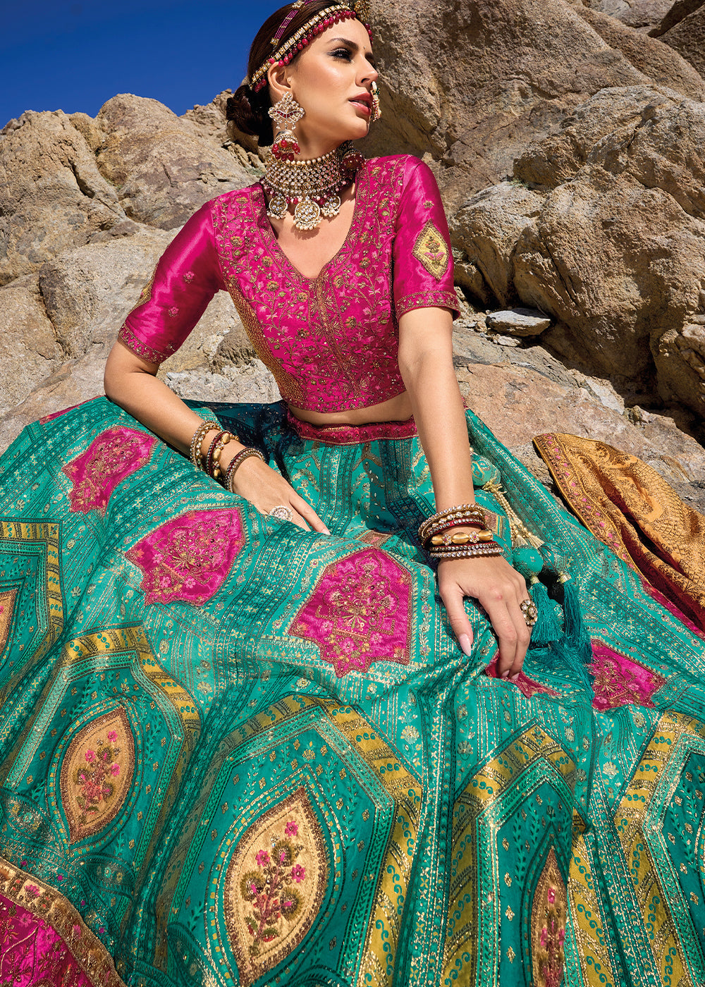 Blue & Pink Banarasi Jacquard Silk Lehenga with Cut Work & Hand Work Embroidery