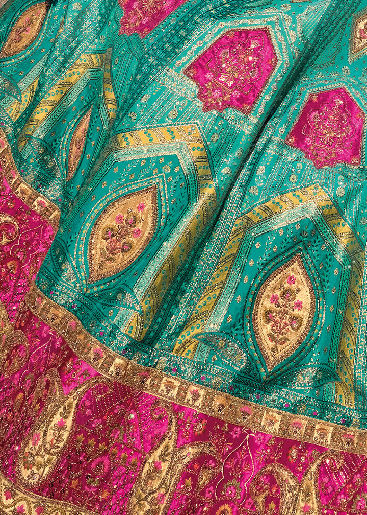 Blue & Pink Banarasi Jacquard Silk Lehenga with Cut Work & Hand Work Embroidery