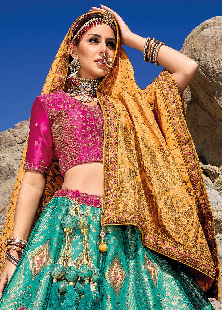 Blue & Pink Banarasi Jacquard Silk Lehenga with Cut Work & Hand Work Embroidery